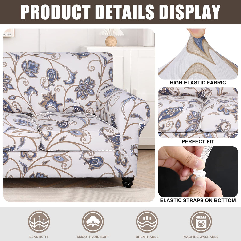 Searchi Stretch Sofa Cover Printed Couch Cover, Floral Pattern 4 Pieces Sofa Slipcover With 3 Separate Cushion Cover, Washable Furniture Protector For Living Room(Sofa, Love Flower)