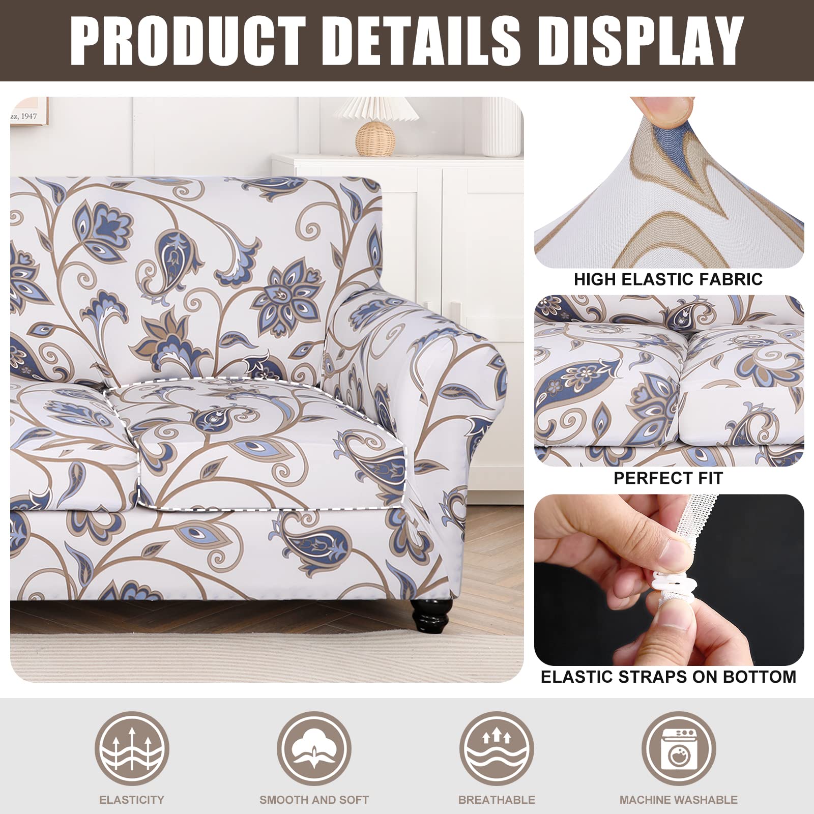 Searchi Stretch Sofa Cover Printed Couch Cover, Floral Pattern 4 Pieces Sofa Slipcover With 3 Separate Cushion Cover, Washable Furniture Protector For Living Room(Sofa, Love Flower)