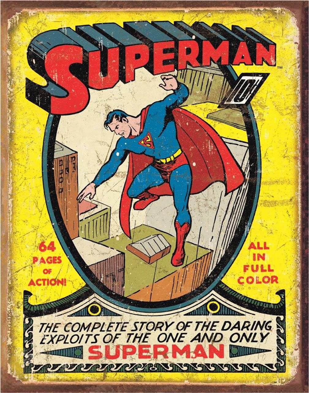 Desperate Enterprises Superman No 1 Cover Tin Sign - Nostalgic Vintage Metal Wall Decor - Made in USA