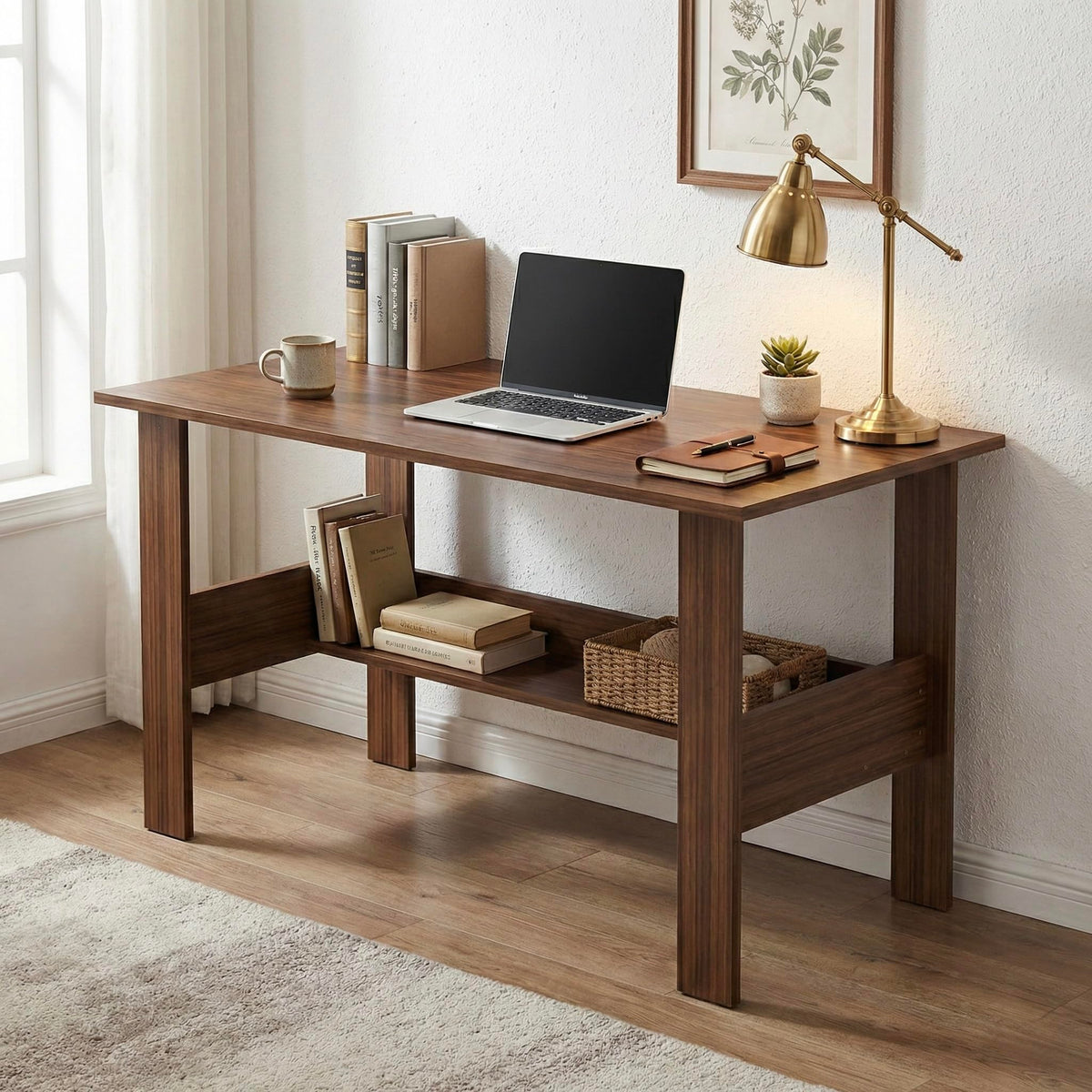 Andca Linea Study Desk With Lower Storage Shelf, Compact Writing Table & Laptop Station For Home Office And Students, 90X50X75Cm