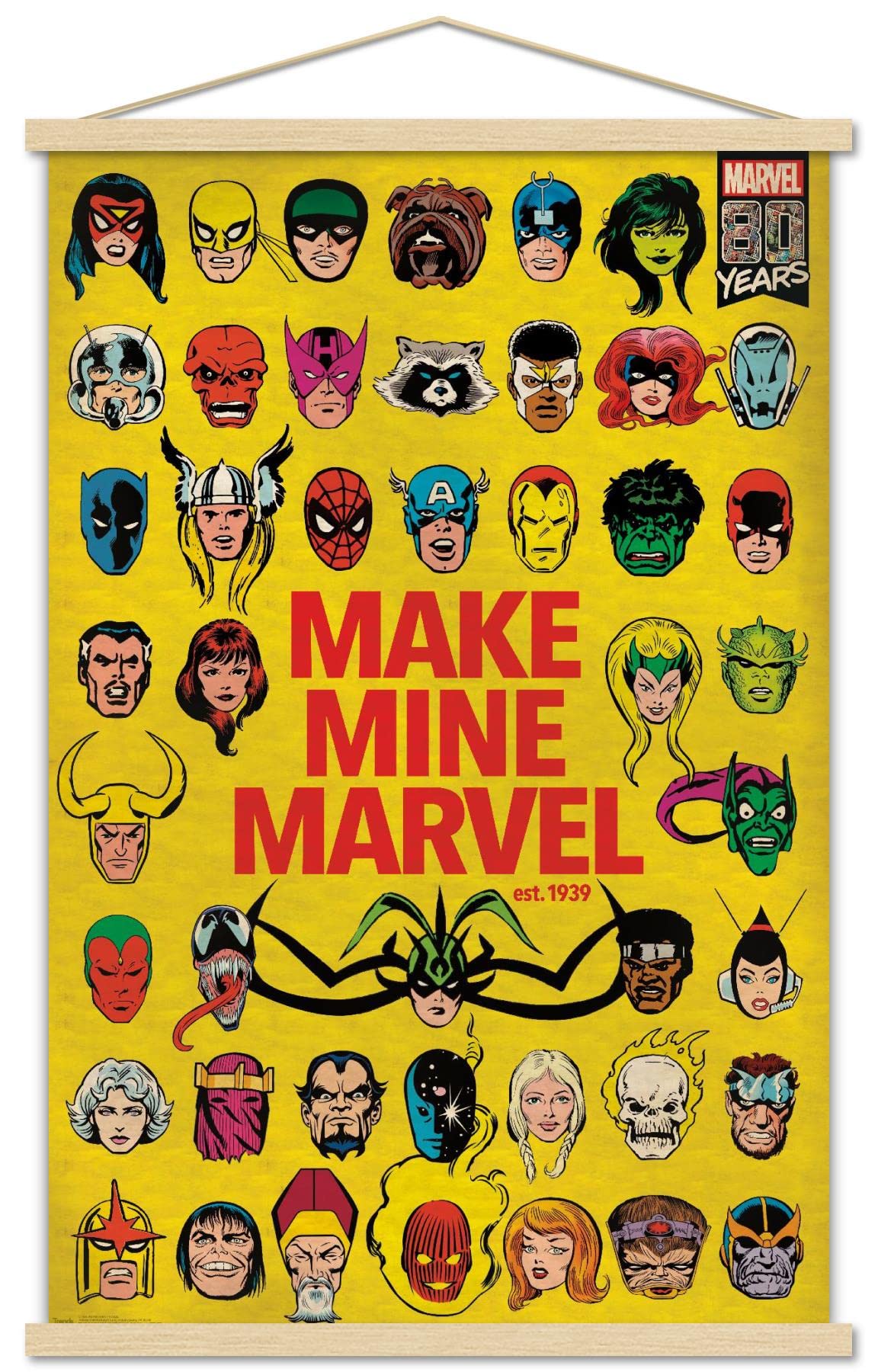 Trends International Marvel Comics - Marvel 80th Anniversary - Group Wall Poster, 22.375 x 34, Print and Beechwood Hanger Bundle