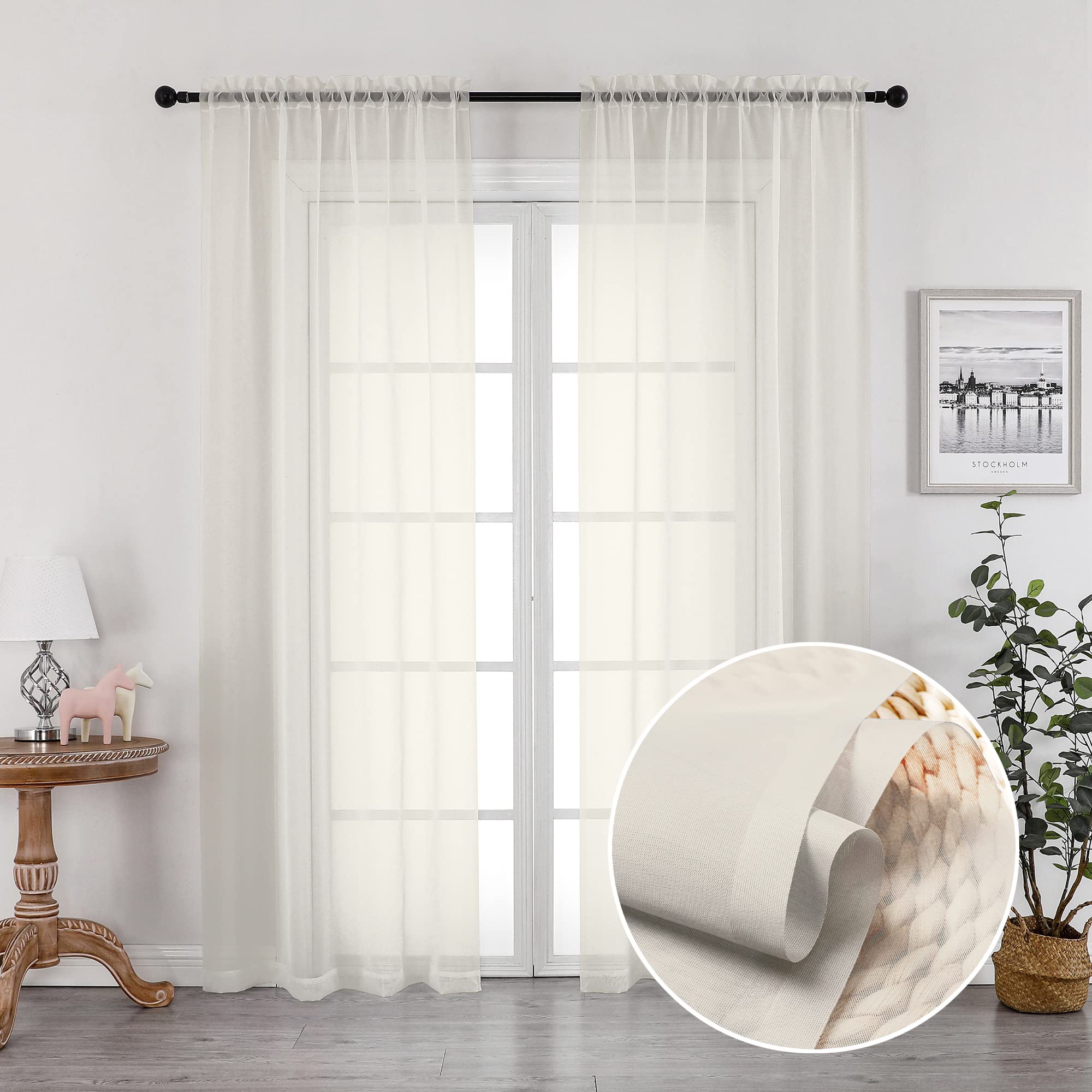 Ovzme 2 Panels Ivory Sheer Curtains 72 Inches Length Window Treatment For Kitchen, Elegant Airy Transparent Curtain Draperies Ro