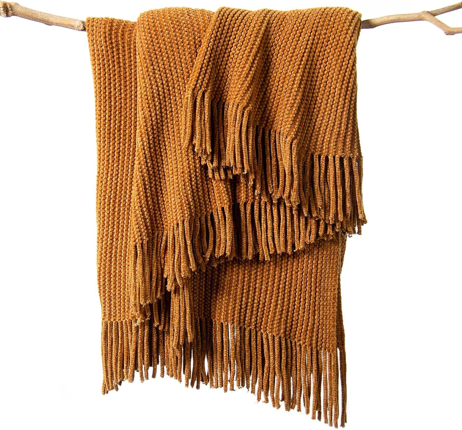 Lifein Throw Blanket For Couch-Soft Boho Christmas Throw Blanket,Cozy Brown Fall Knit Chenille Throw,Small Knitted Farmhouse Lig