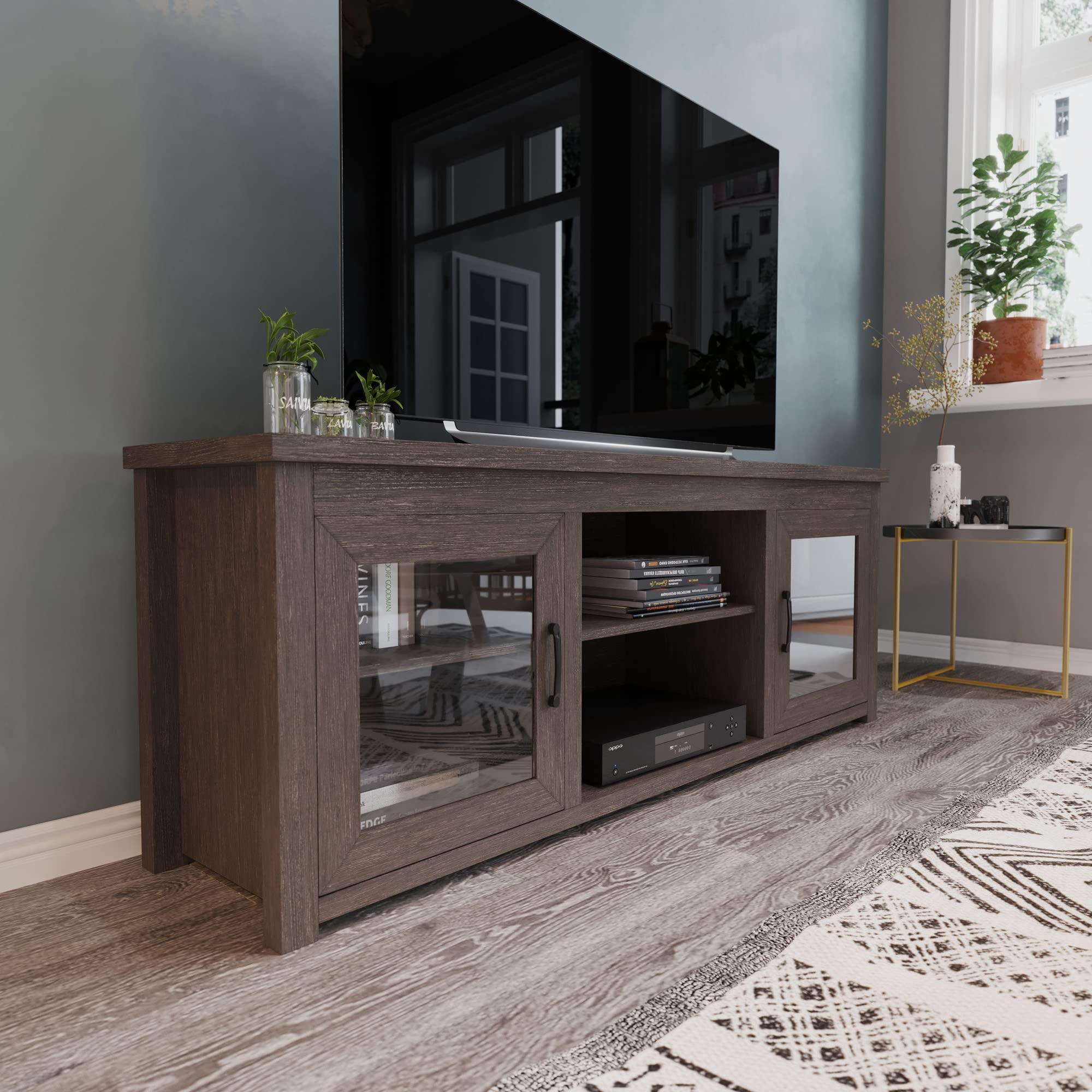 Flash Furniture Sheffield TV Stand up to 80&quot; TVs - Modern Black Wash Finish & Full Glass Doors - 65&quot; Engineered Wood Frame - 3 Height Adjustable Shelves