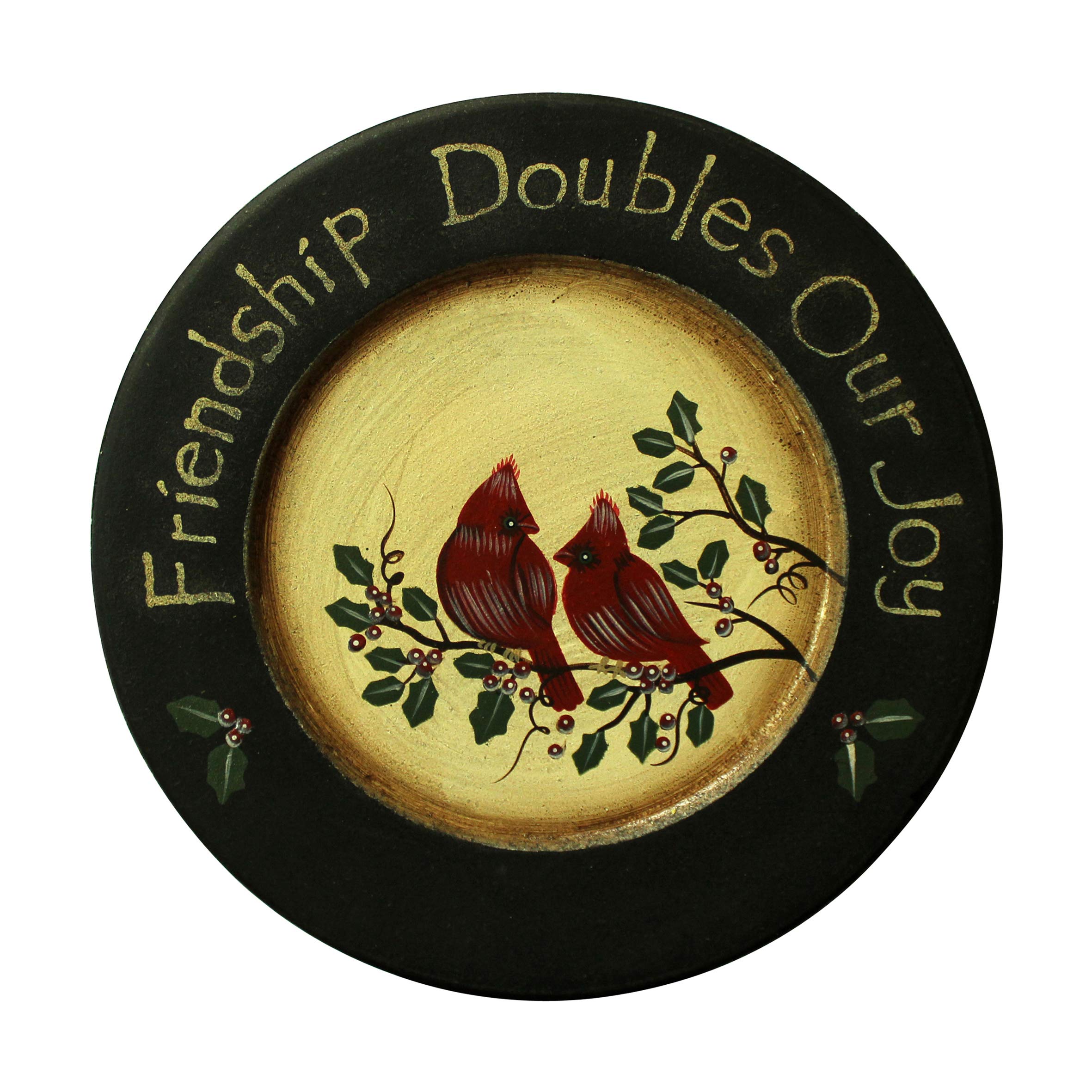 CVHOMEDECO. Primitives Hand Painted Red Birds Decorative Plate Rustic Round Display Wooden Plate Home D  cor Art, 9-3/4 Inch