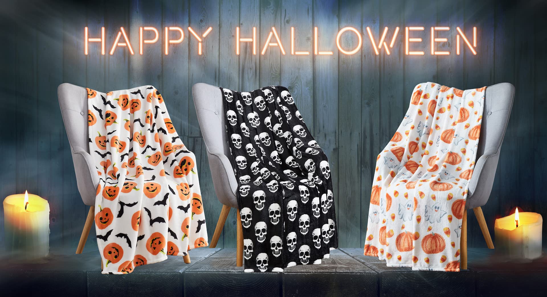 Serafina Home Throw Halloween Blanket: Fuzzy Happy Jack O'Lantern Pumpkins And Black Bat Print On Velvet Fleece For Sofa Bed Cou