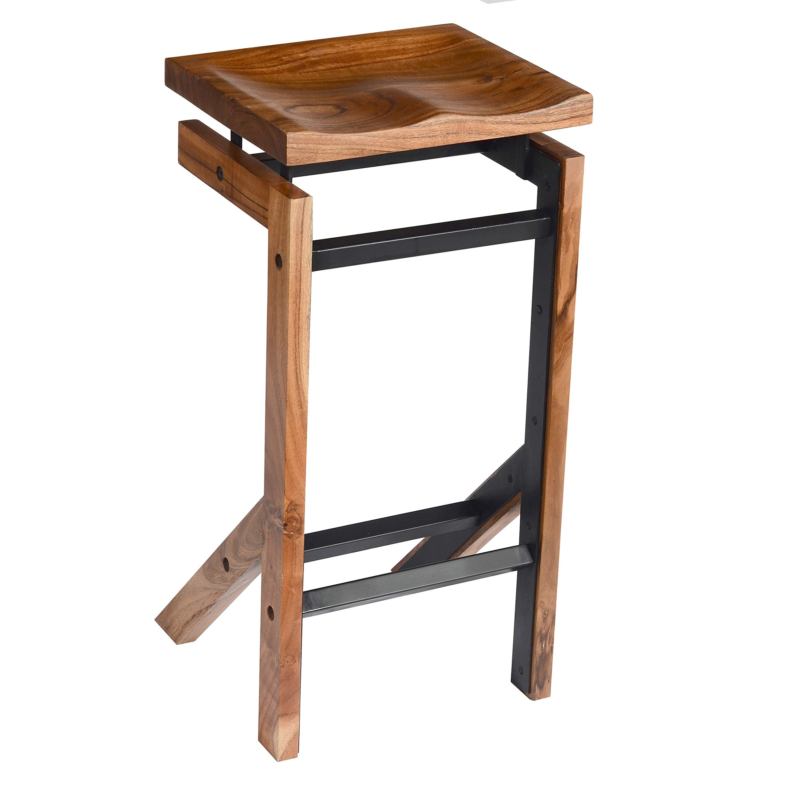 TUP The Urban Port 29 Inch Metal Frame Acacia Wood Bar Stool with Saddle Seat, Brown and Black