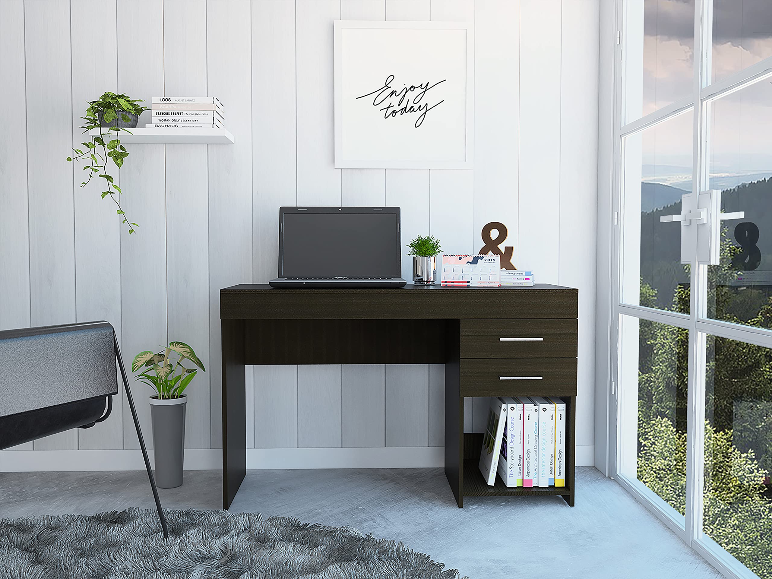 Austin Computer Desk with 2 Drawers, 1 Open Shelf, and Metal Handles, Black