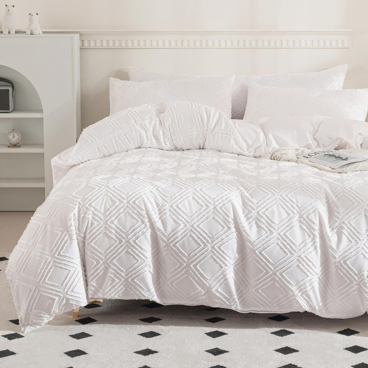 Jellymoni Bright White Duvet Cover Twin Size - 3 Pcs Microfiber Tufted Duvet Cover Set, Boho Textured Duvet Cover Jacquard Rhomb