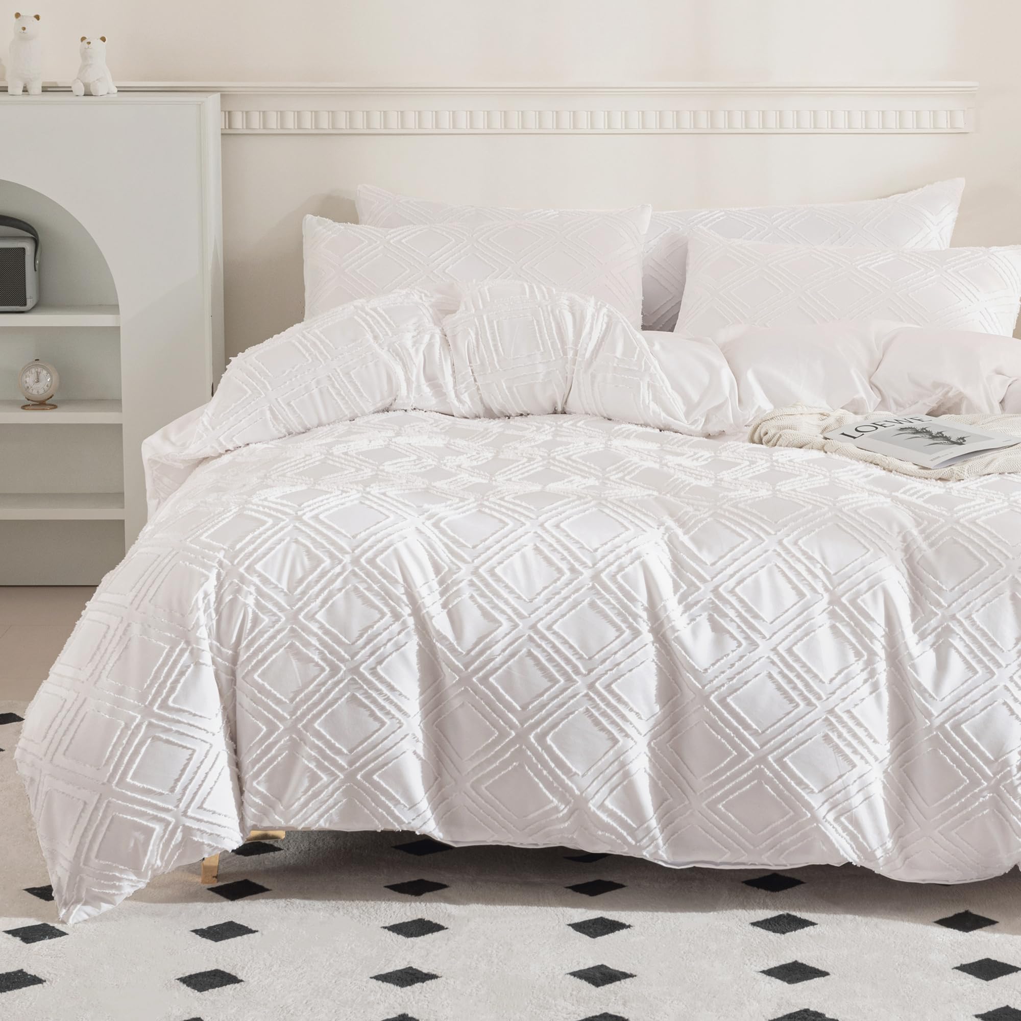 Jellymoni Bright White Duvet Cover King Size - 3Pcs Microfiber Tufted Duvet Cover Set, Boho Textured Duvet Cover Jacquard Rhombu
