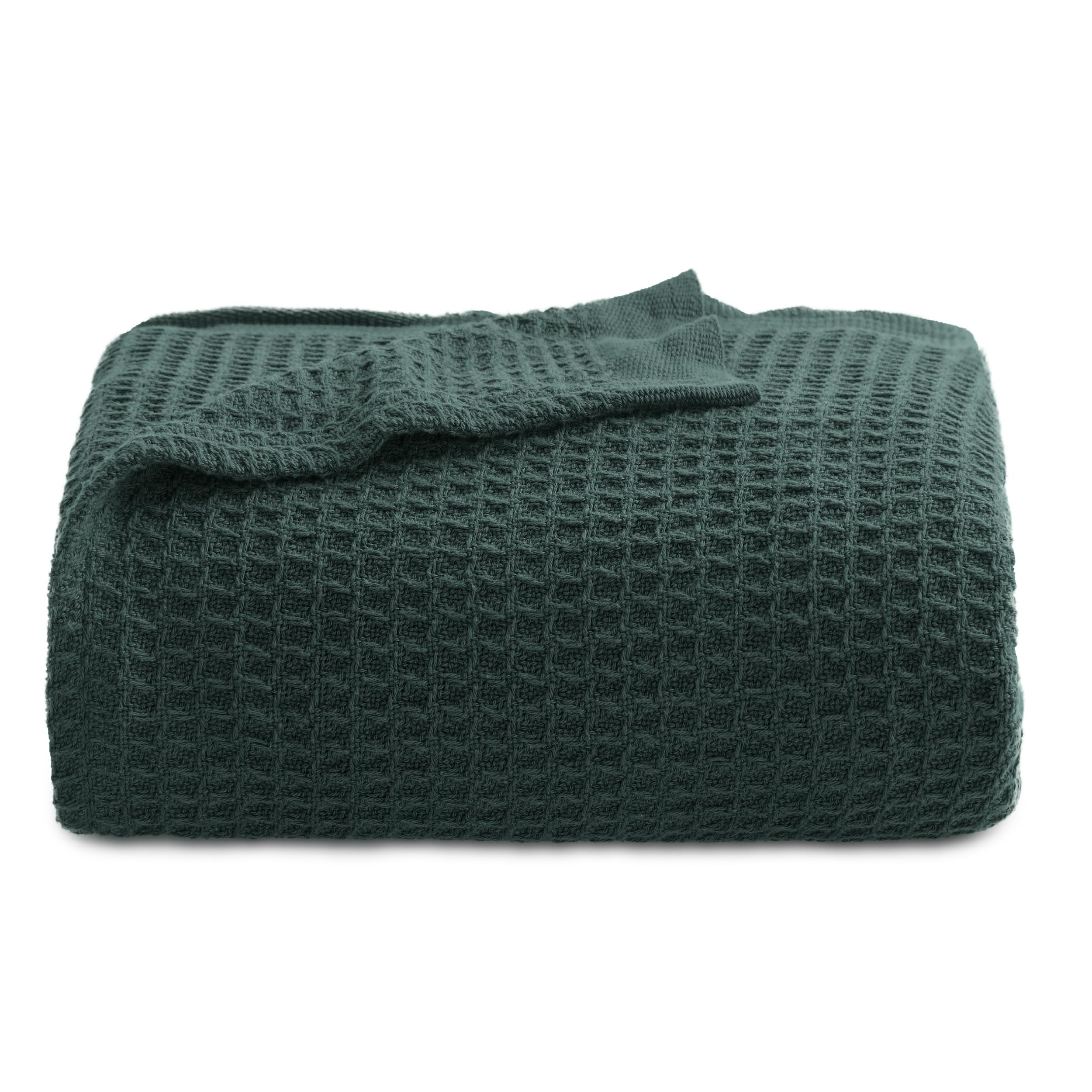 Bedsure 100% Cotton Large Throw Blanket For Couch - Waffle Weave Dark Green Throw Blanket For Bed, Lightweight And Soft Fall Thr