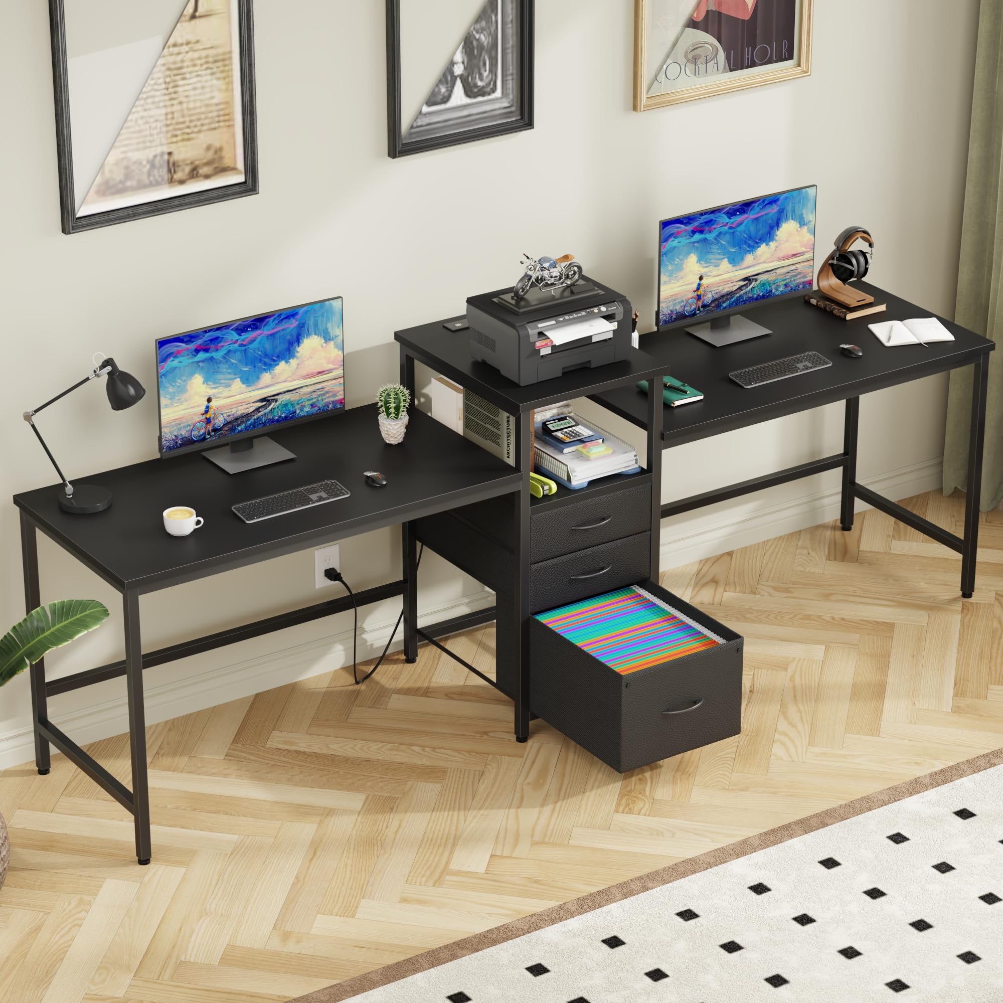 GYIIYUO 93 Two Person Desk with Charging Station, Long Desk with 3 Drawers and Printer Shelf, Double Computer Desk, Fabric Dra