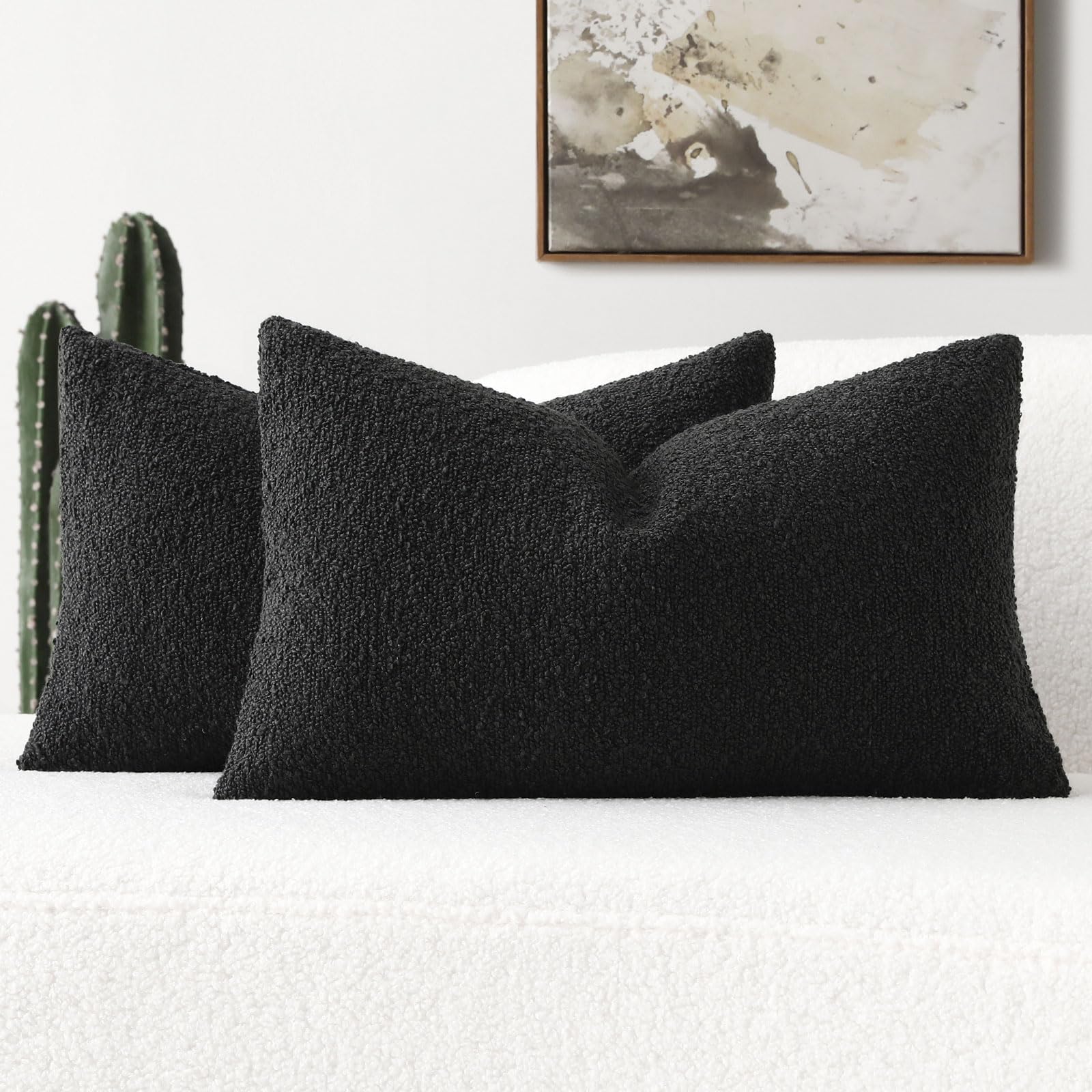Futei Pack Of 2 Black Boucle Accent Decorative Throw Pillow Covers,12X20 Inch Soft Solid Textured Lumbar Pillow Cases,Home Decor