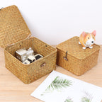 Moosky Wicker Shelf Baskets With Lid, Handwoven Seagrass Storage Basket Bins Square Gift Boxes For Shelves Home Decor Organizer