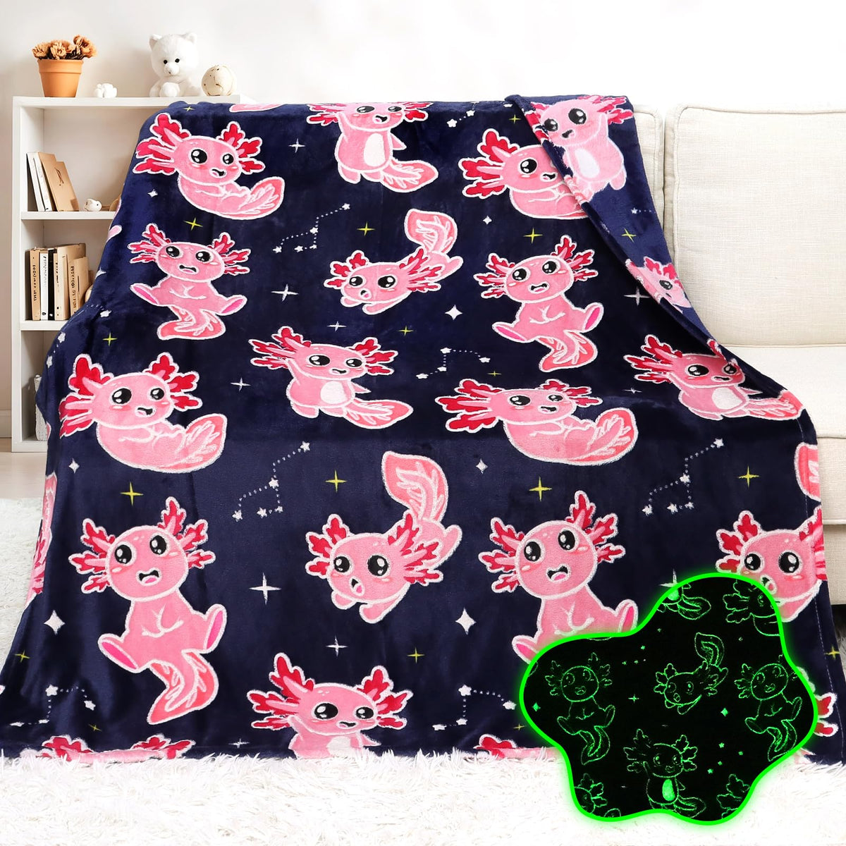 Axolotl Blanket Glow In The Dark Blanket Pink Salamander Axolotls Gifts Birthday Decorations Party Favors Kids Fleece Soft Toddl