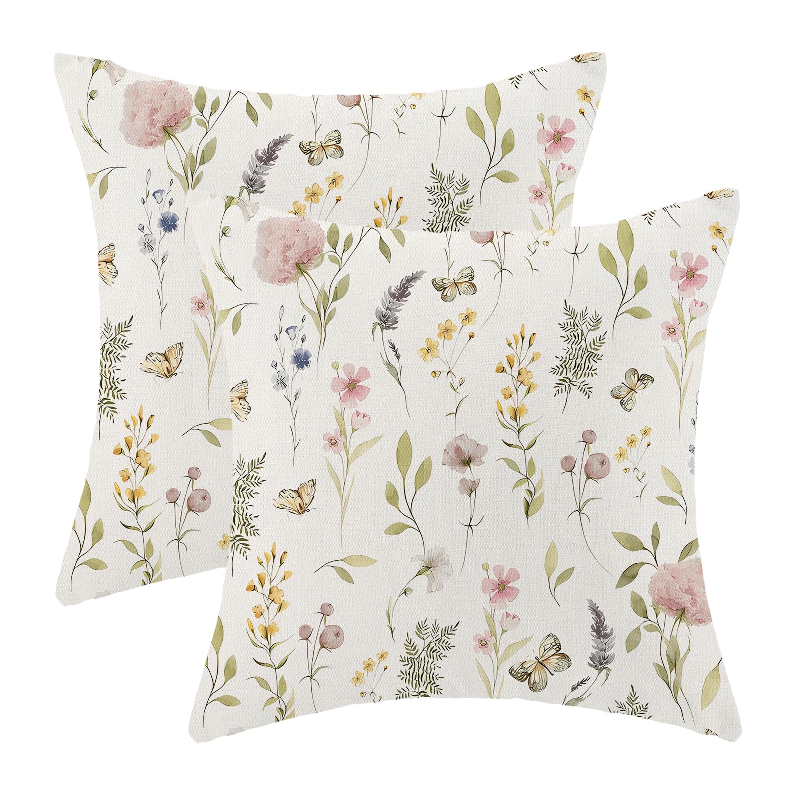 Spring Pillow Covers 20X20 Inch Set Of 2, Sage Green Pink Wild Flower Throw Pillows Case,Colorful Seasonal Floral Plant Outdoor