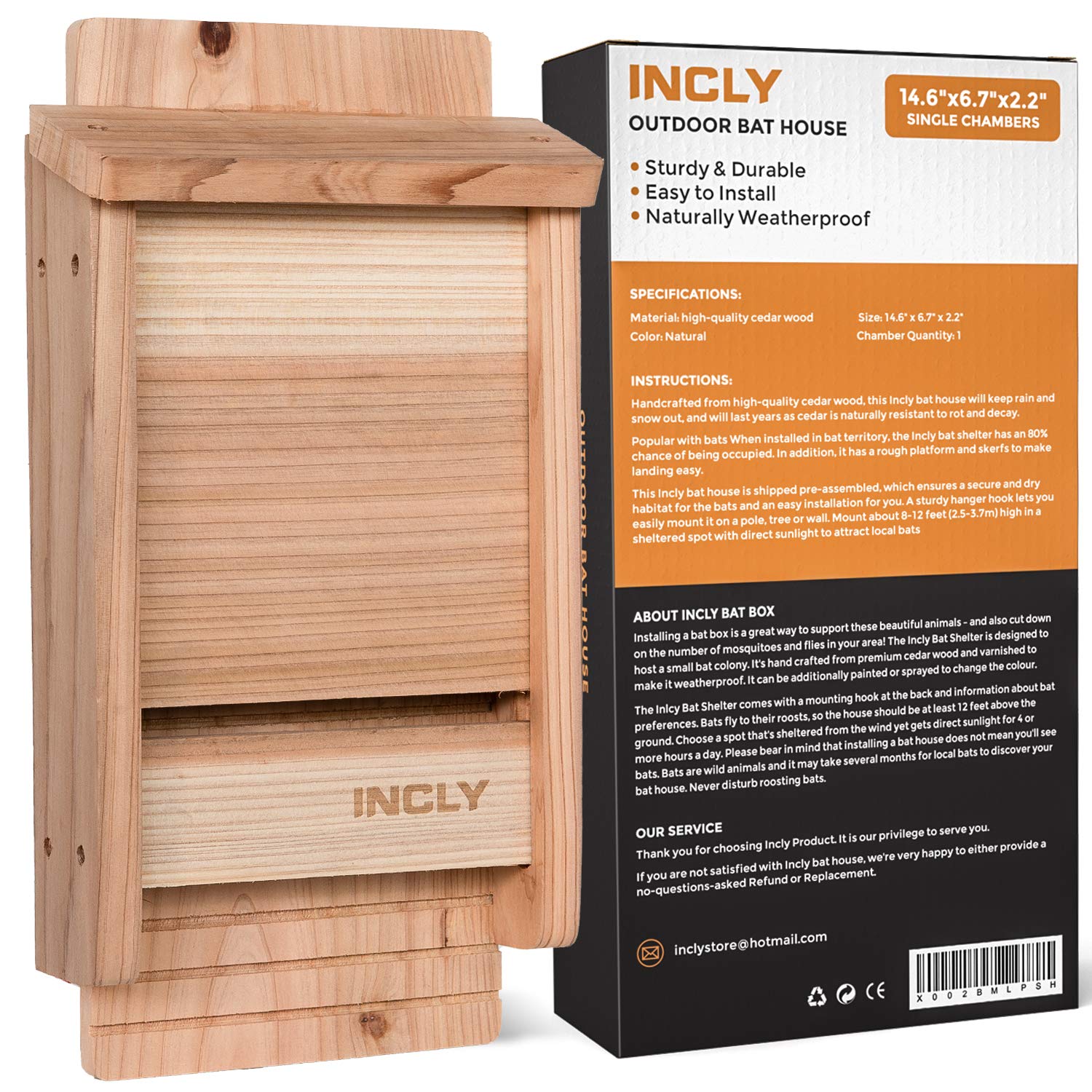 Incly Small Bat House Kit For Outdoors 14.6'X6.7'X2.2' Shelter Box Roosting Single Chamber Natural Cedar Wood, Pre-Finished E