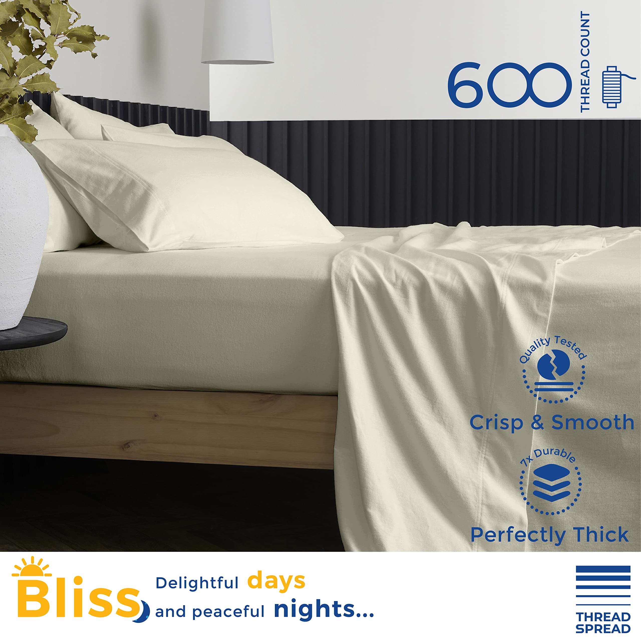 Thread Spread Luxury Sheets 600 Thread Count - Egyptian Cotton Quality Split King Size Sheet Set - Deep Pocket Fitted Bedding Sheets & Pillowcases - 4 Pc Breathable - Sand Sheets For Boys & Girls