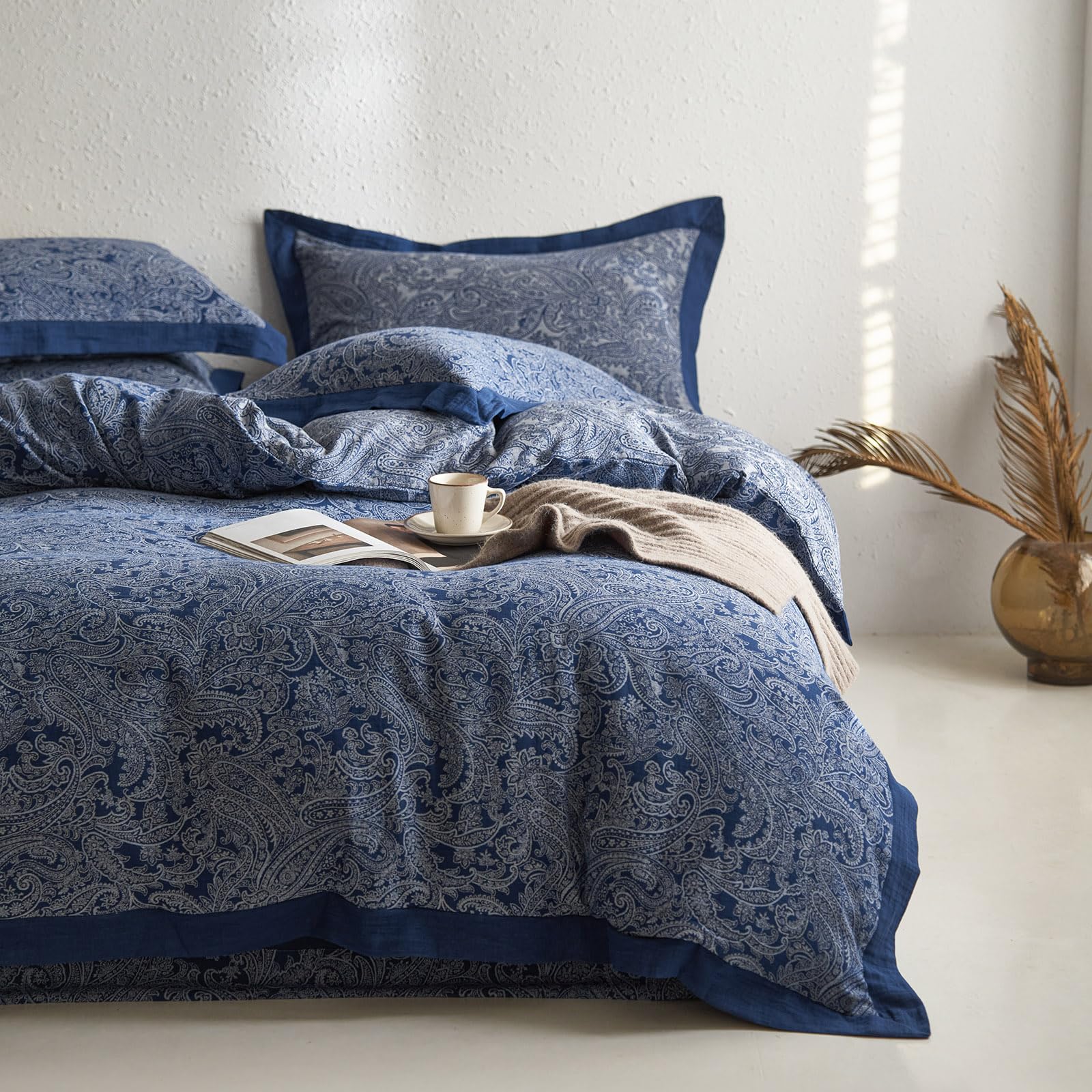 Mixinni Muslin Cotton Vintage Navy Blue Paisley Floral Duvet Cover Queen Size 3Pcs Yarn Dyed Burgundy Jacquard Weave Bedding Com