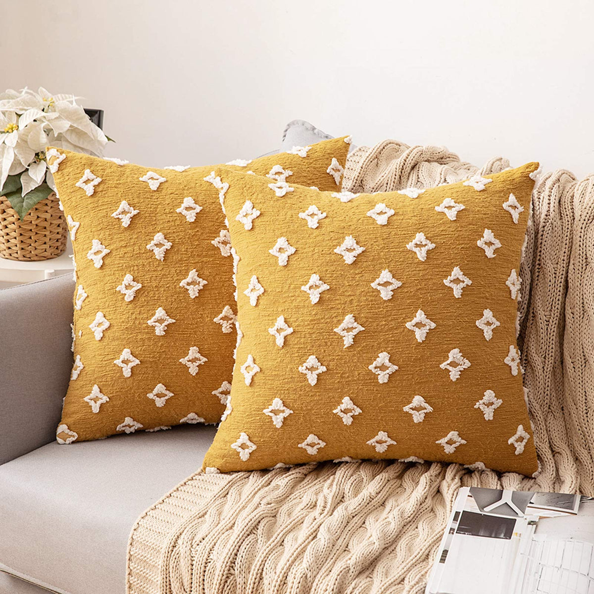 Miulee Set Of 2 Decorative Throw Pillow Covers Rhombic Jacquard Pillowcase Soft Square Cushion Case For Fall Couch Sofa Bed Bedr