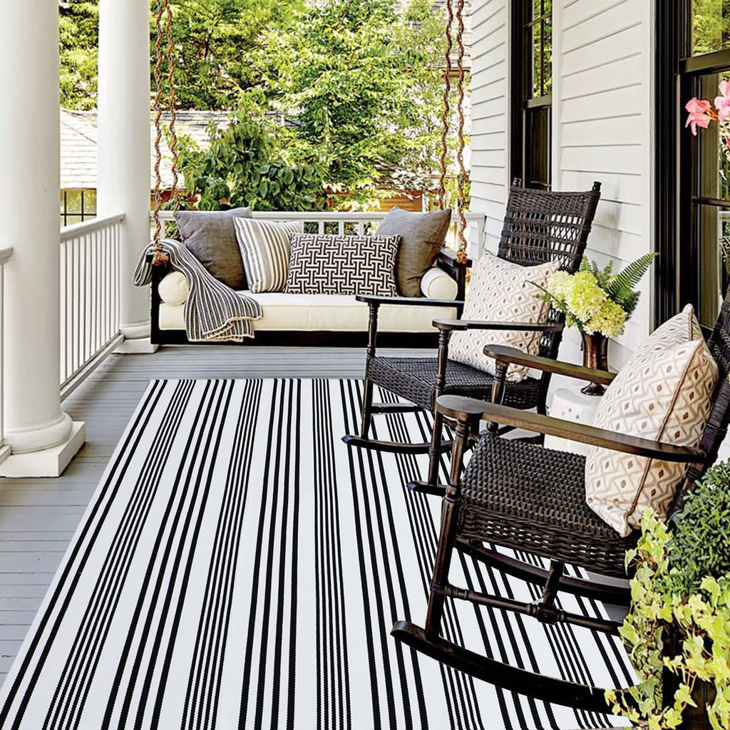 Black And White Striped Outdoor Indoor Rug 4' X 6' Front Porch Rug Cotton Hand-Woven Welcome Mats Layered Door Mats For Front Po