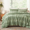 Luxudecor Sage Green Tufted Comforter Set Queen Size 3 Pieces Boho Shabby Chic Comforter Farmhouse Embroidery Bedding Set Soft C