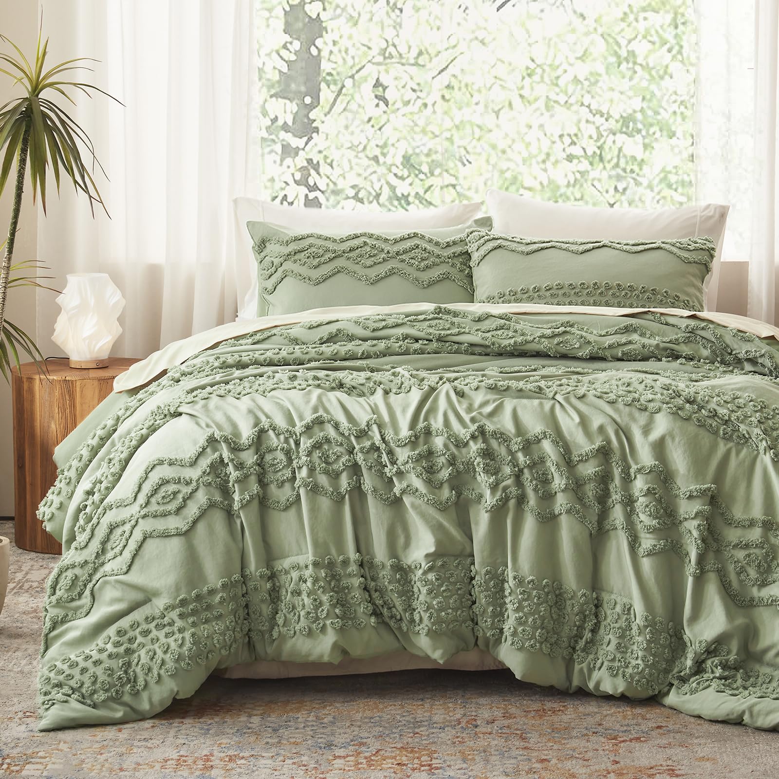 Luxudecor Sage Green Tufted Comforter Set Queen Size 3 Pieces Boho Shabby Chic Comforter Farmhouse Embroidery Bedding Set Soft C