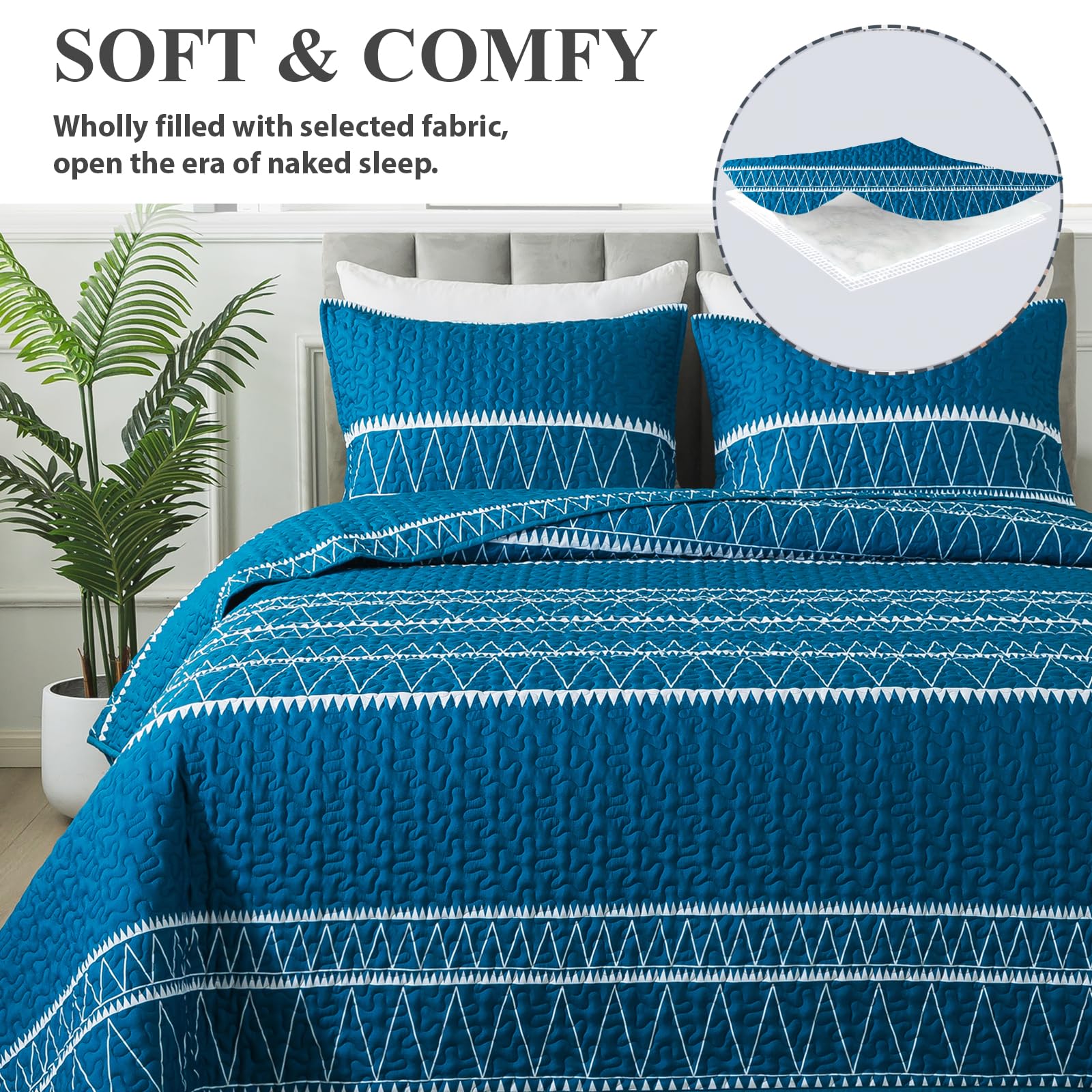 Andency Teal Quilt Set Twin (68X86 Inch), 2 Pieces(1 Striped Triangle Printed Quilt And 1 Pillowcase), Bohemian Summer Lightweight Reversible Microfiber Bedspread Coverlet Sets