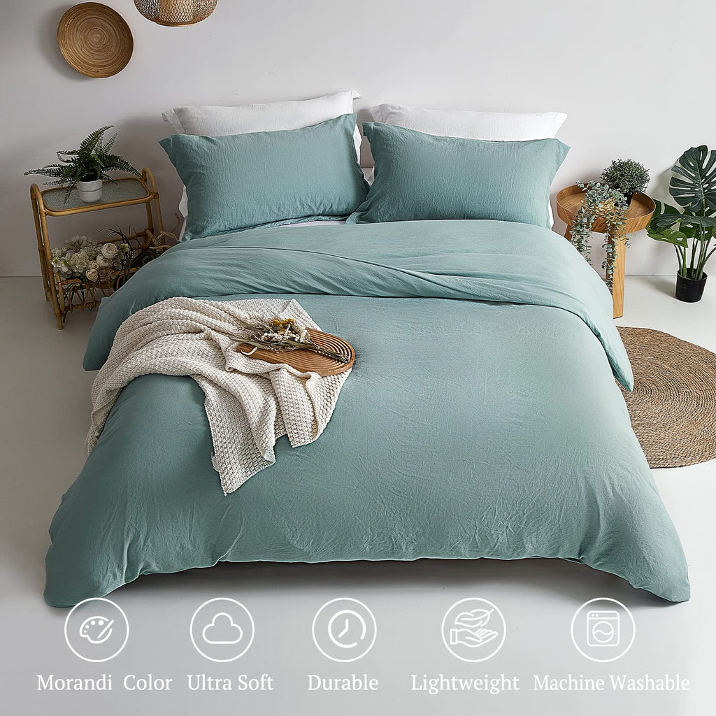 Mildly Super Soft Duvet Cover - 100% Washed Microfiber Grayish Teal Comforter Cover Set 3 Pieces With Zipper Closure & Corner Ti