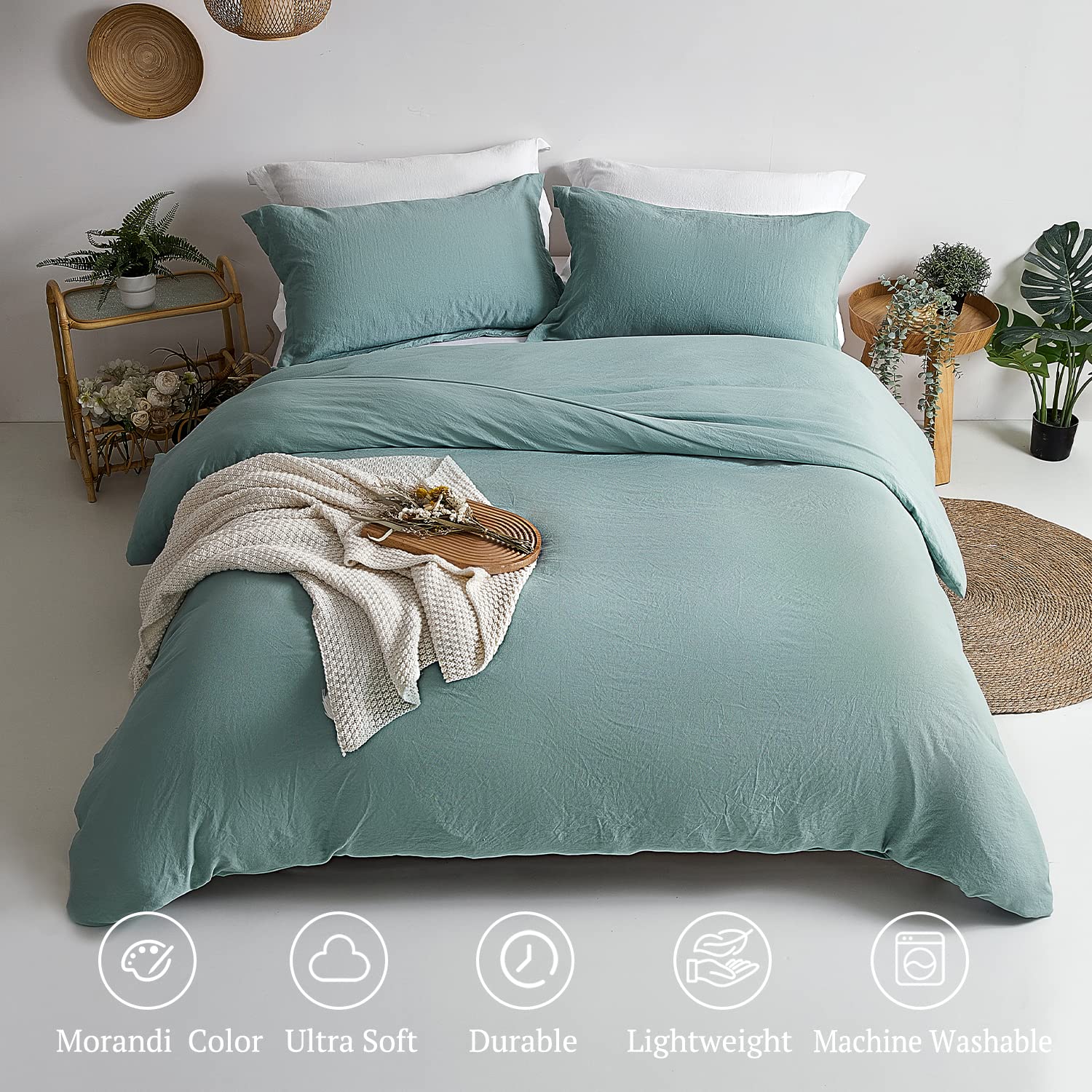 Mildly Super Soft Duvet Cover - 100% Washed Microfiber Grayish Teal Comforter Cover Set 3 Pieces With Zipper Closure & Corner Ti