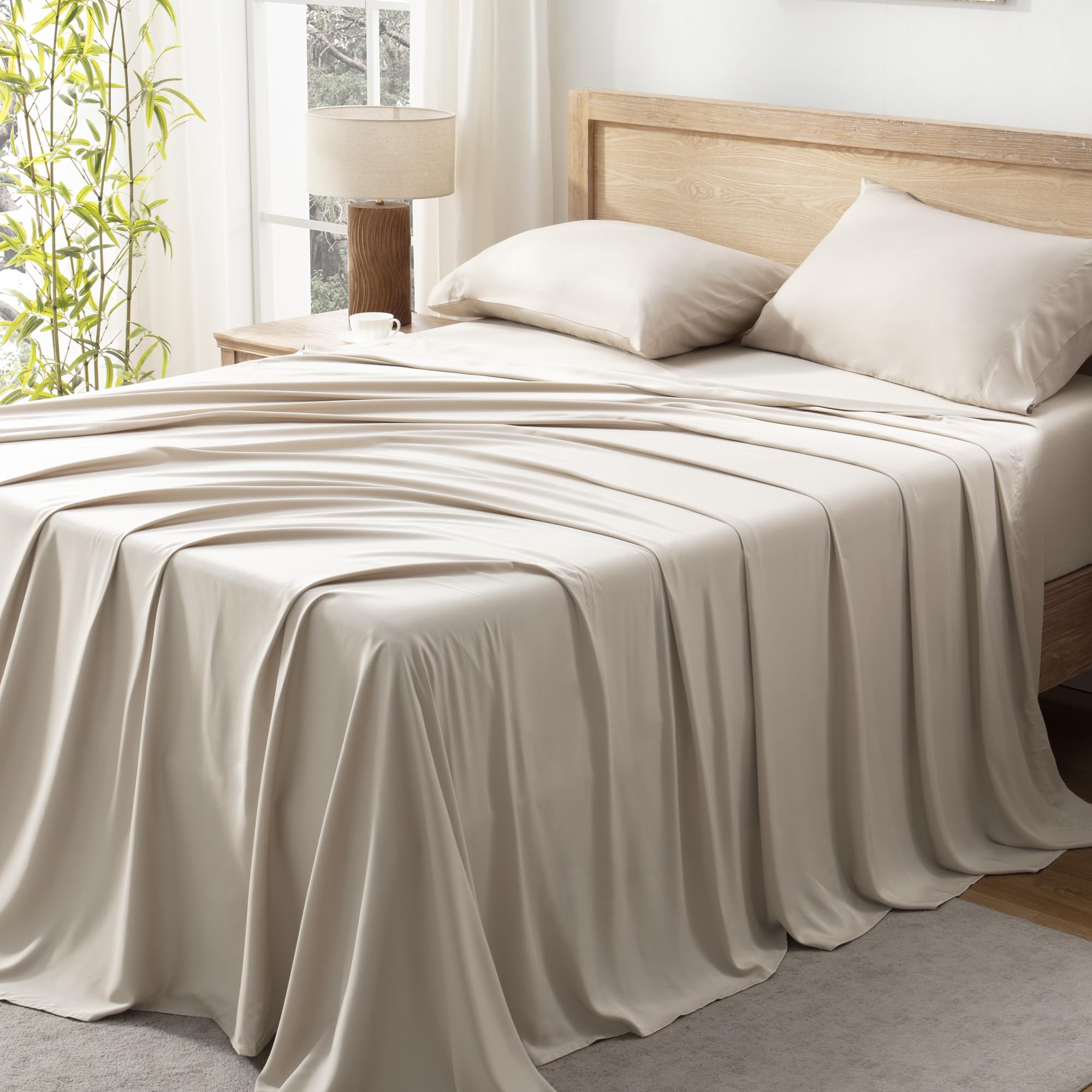 Andency Oatmeal King Size Sheets Set, 100% Viscose Derived From Bamboo, Cooling King Sheets, Deep Pocket Up To 16', Silky Soft Bed Sheets, Hotel Luxury Breathable Bedding Sheets & Pillowcases