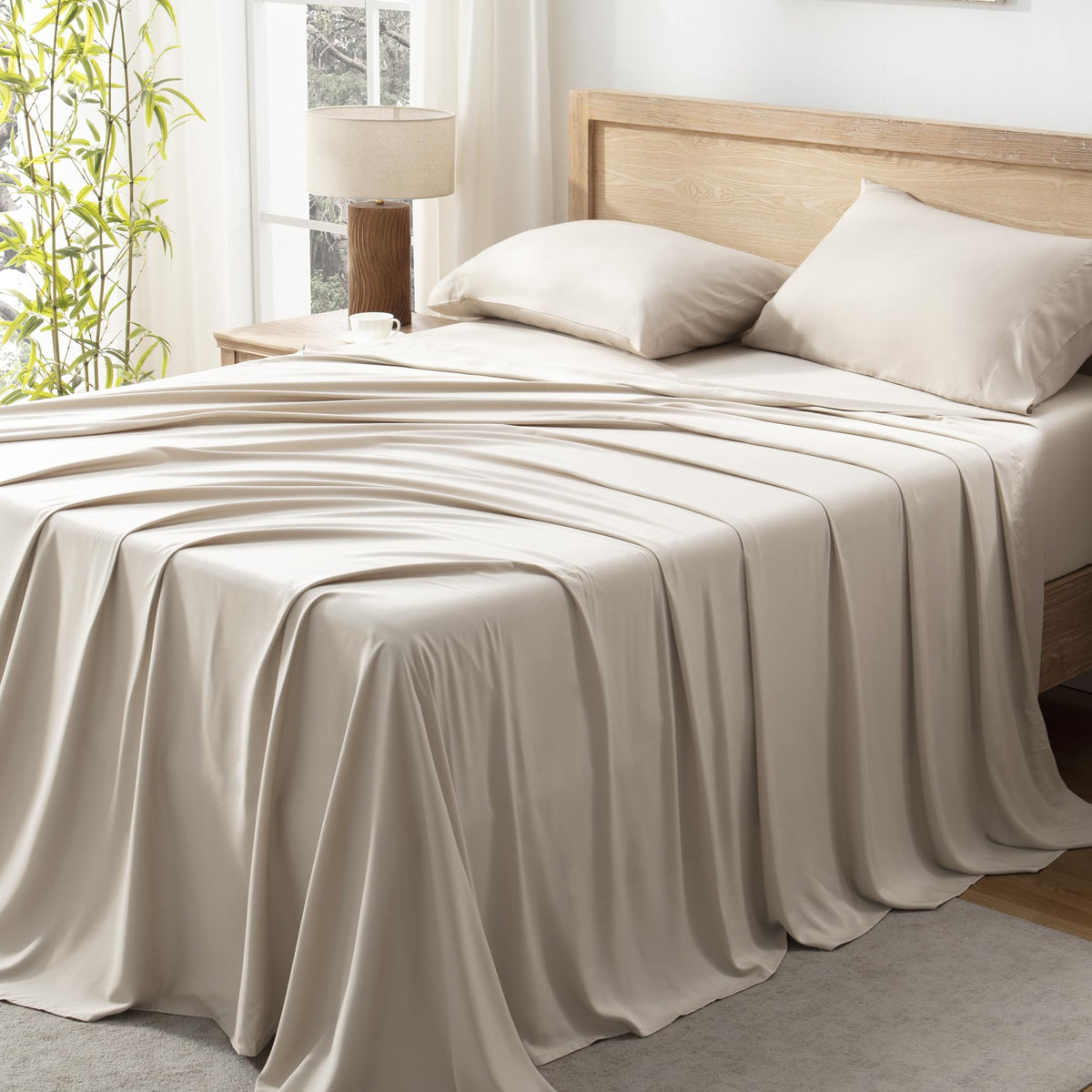 Andency Full Size Bed Sheets, 100% Viscose Derived From Bamboo, Beige Cooling Full Sheets, Deep Pocket Up To 16', Silky Soft Bed Sheets, Hotel Breathable Bedding Sheets & Pillowcases, Oatmeal