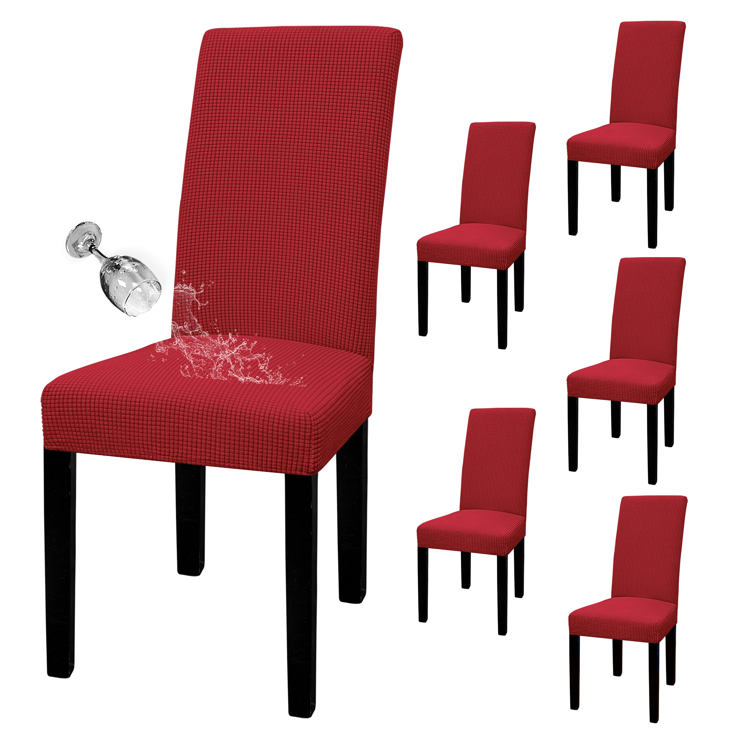 Easy-Going 100% Waterproof Dining Room Chair Cover Set Of 6, Stretch Jacquard Parson Chair Slipcover Removable Washable Chair Protector For Home, Restaurant, Banquet (Large, Red)