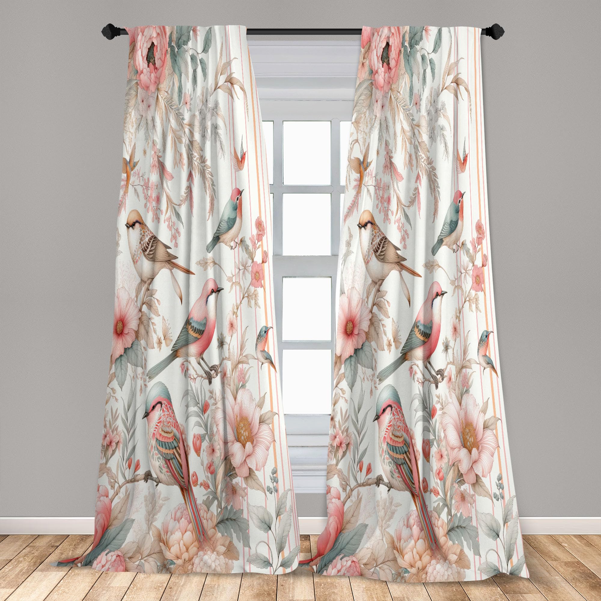 Ambesonne Birds And Nature Window Curtains Pack Of 2, Spring Garden Scenery With Flying Sparrows And Leafy Flowers, Lightweight