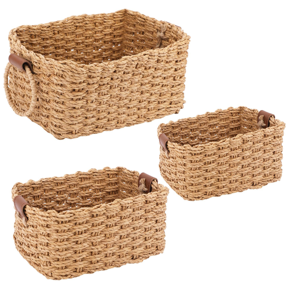 3 Set Small Wicker Rope Baskets EcoFriendly Soft Woven Storage Organizing Baskets with Handle, Decorative Square Basket for for