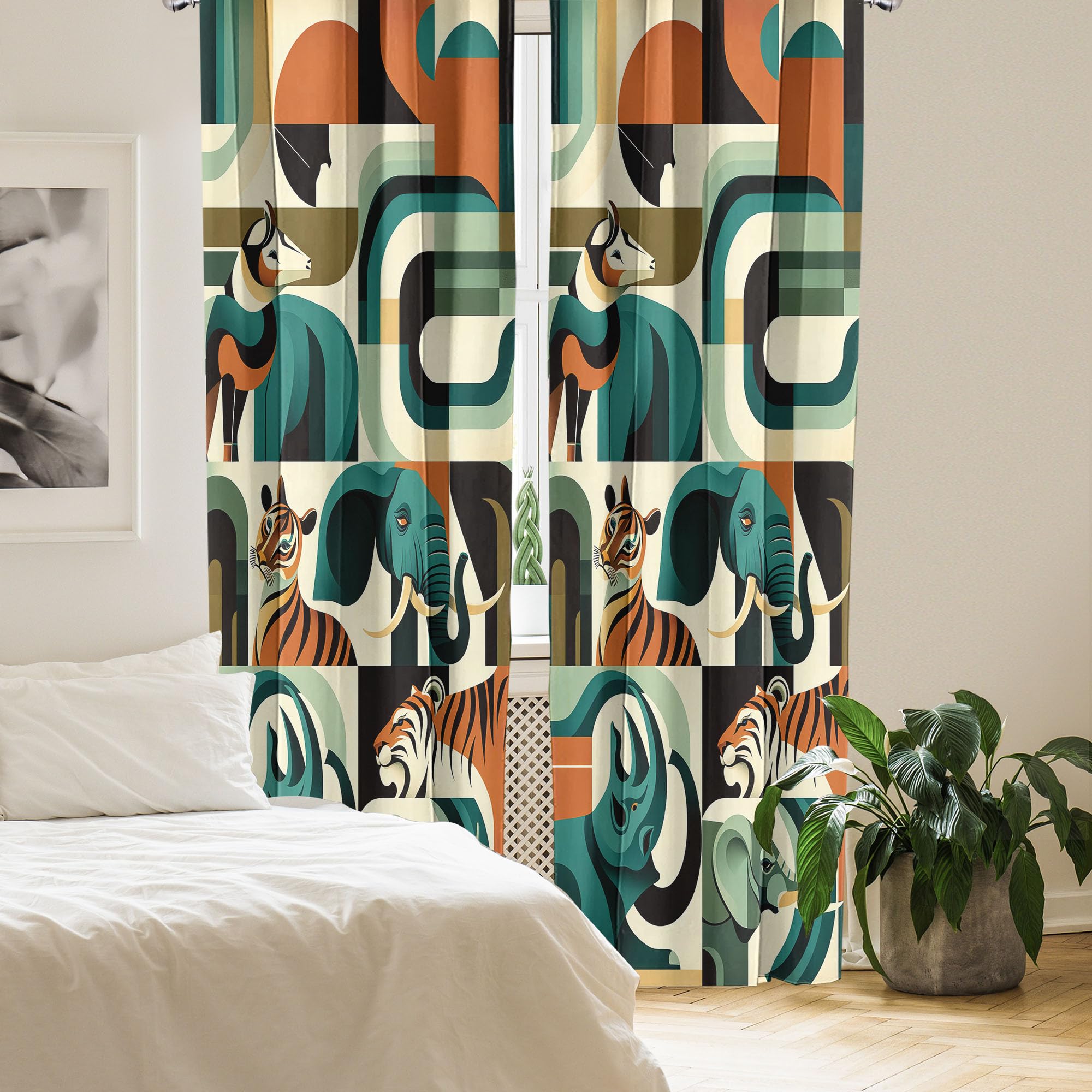 Ambesonne Animals Window Curtains Pack Of 2, Urban Jungle Themed Modern Boho Detail Roundy Fox Elephant Tiger Print, Lightweight