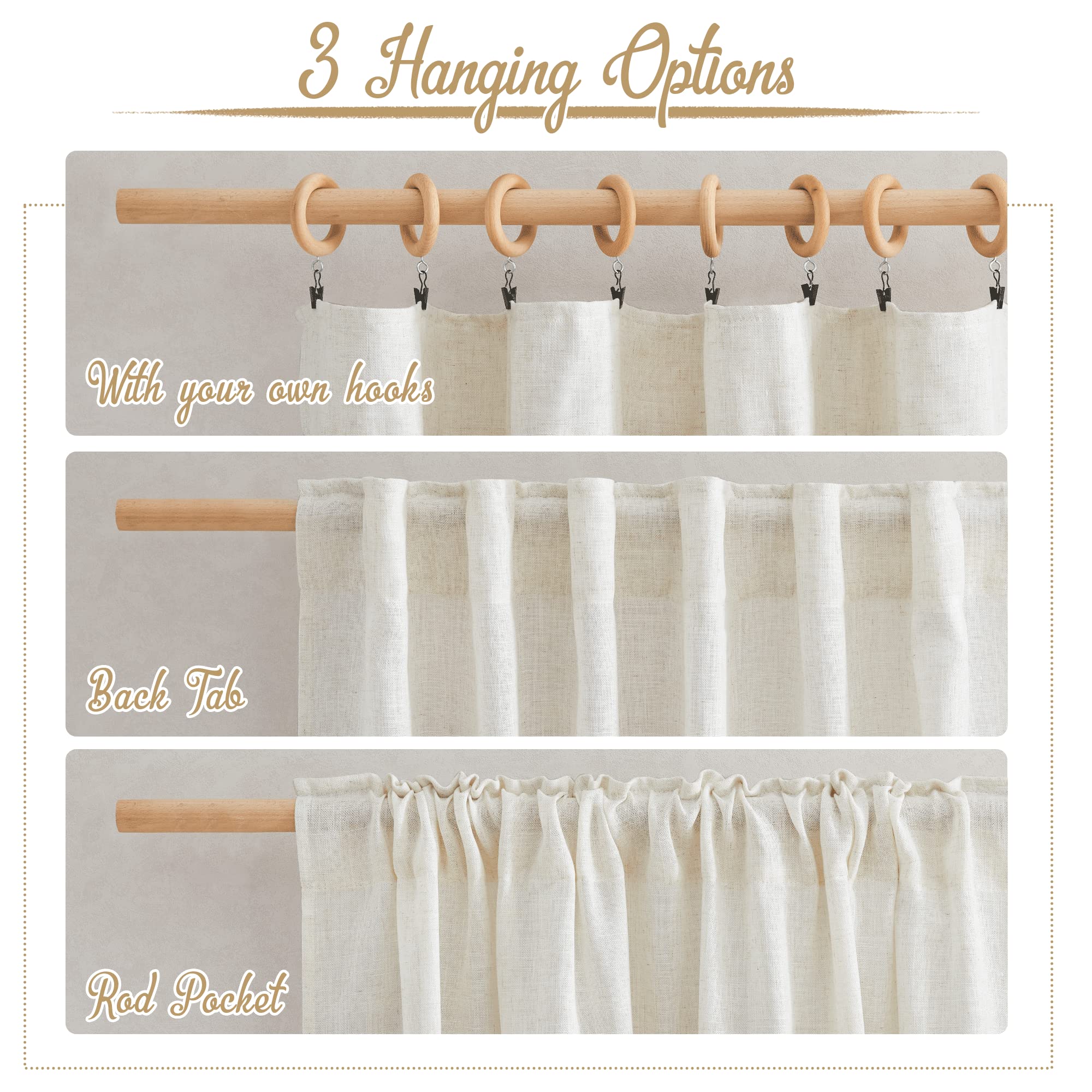 Nicetown Linen Curtains 45 Inch Length For Kitchen, Rod Pocket & Back Tab Semi Sheer Flax Linen Window Treatments Privacy With Light Filtering For Bedroom, Natural, W29 X L45, 2 Pieces
