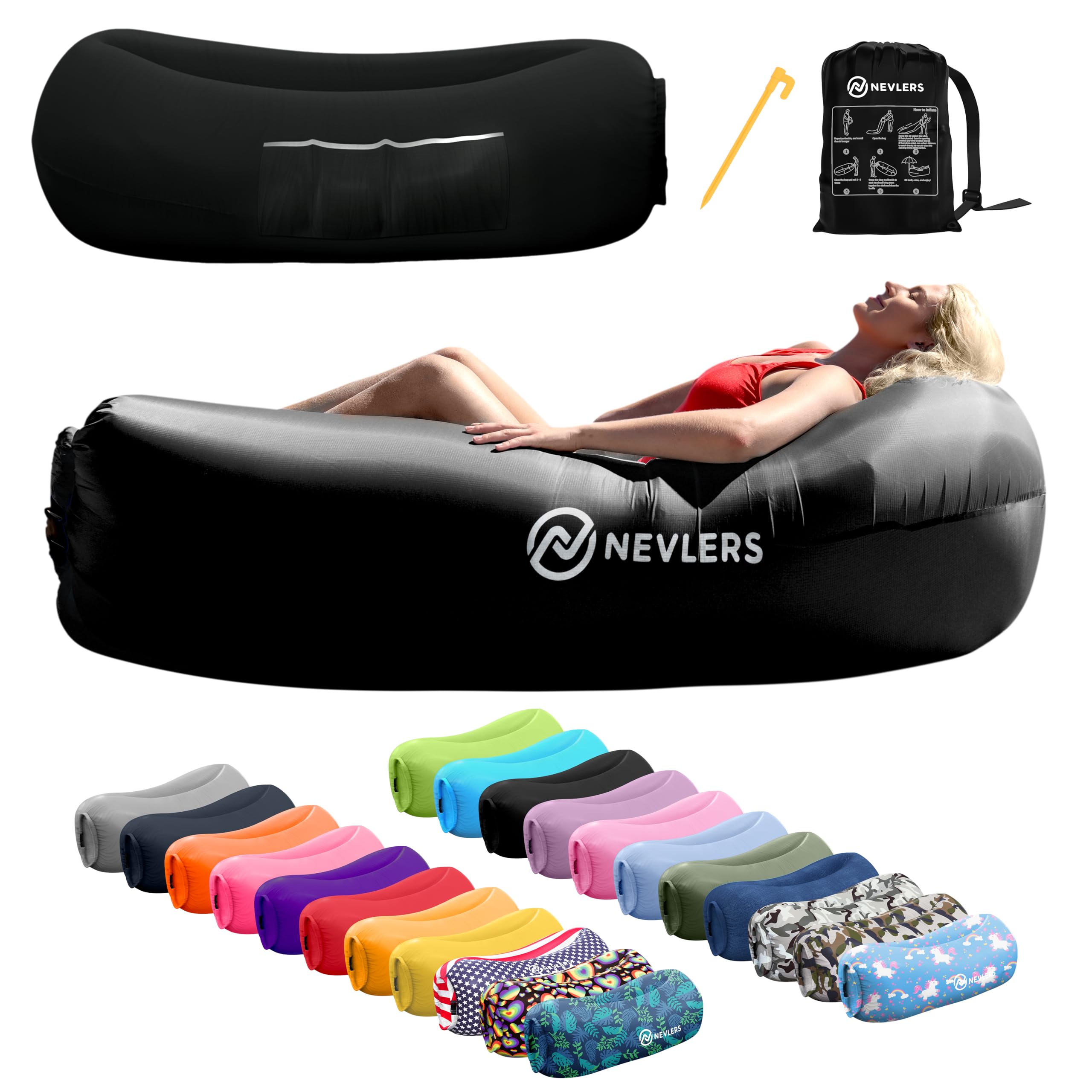 Nevlers 450Lbs Cap Outdoor Inflatable Couch for Camping in Black | Tough 210T Polyester Air Chair Inflatable Lounger | Inflatabl