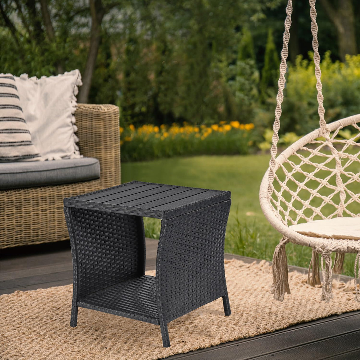 Outdoor Side Table Small Outdoor End Table For Patio Black Wicker Rattan Coffee Table With Storage & Poly Lumber Table Top Squar