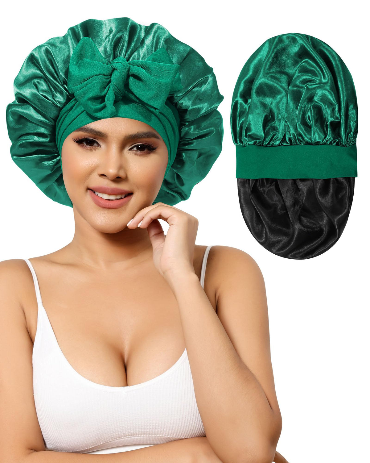 Satin Bonnet for Women Silk Bonnets for Sleeping Curly Hair Bonnet with Elastic Tie Band Reversible Double Layer Sleep Cap Hair 
