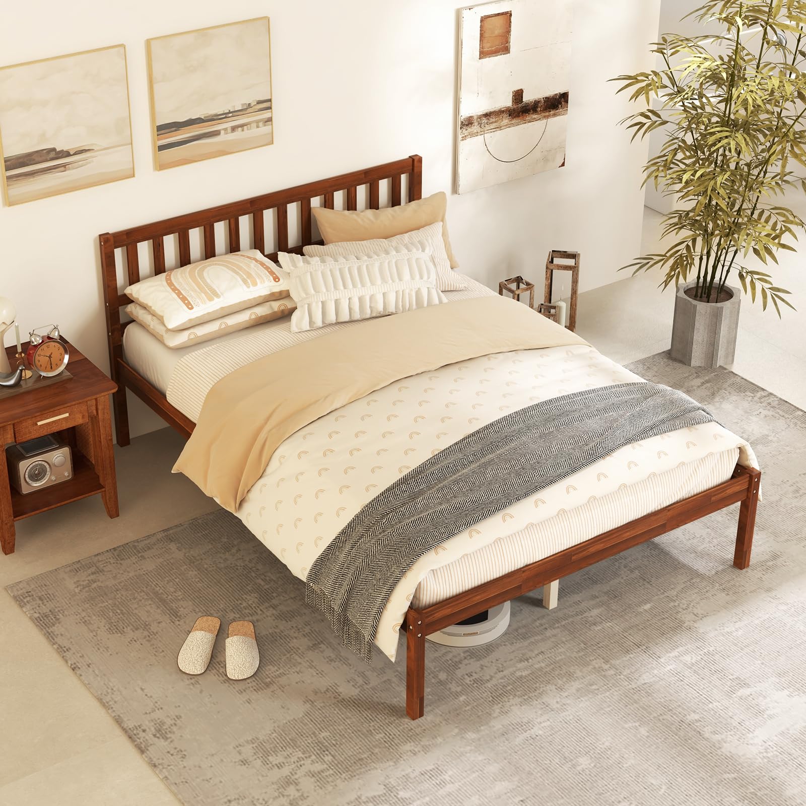 KOMFOTT Full Size Wood Platform Bed Frame with Headboard, 16-Inch Mid-Century Wooden Bed Frame with Slats Support & 12    Under 