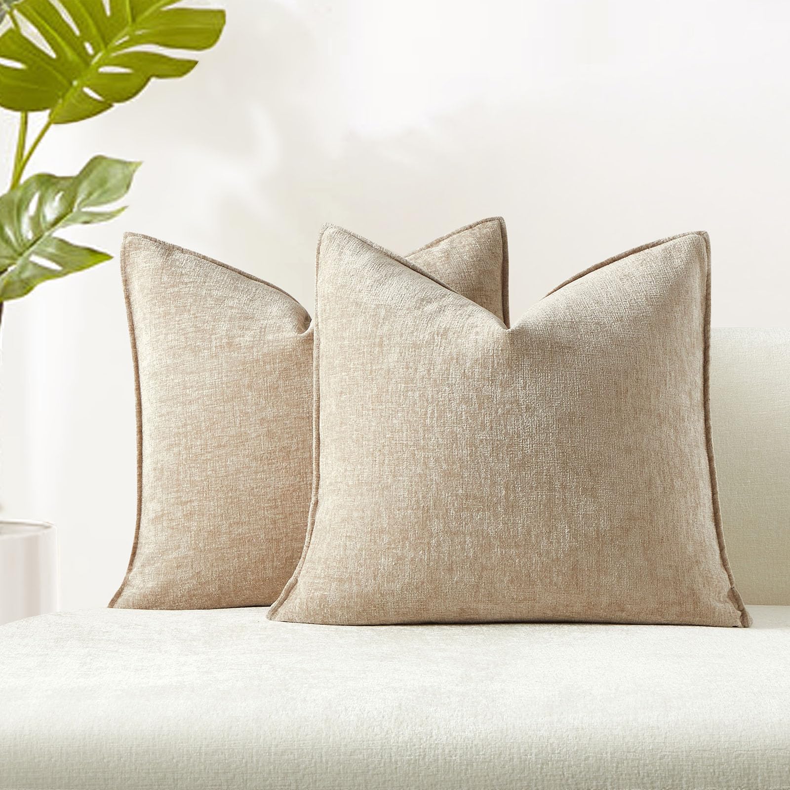 Juspurbet Set Of 2 Beige Chenille Throw Pillow Covers 20X20 Inch Soft Textured Decorative Cushion Cases For Couch Sofa Bed Solid