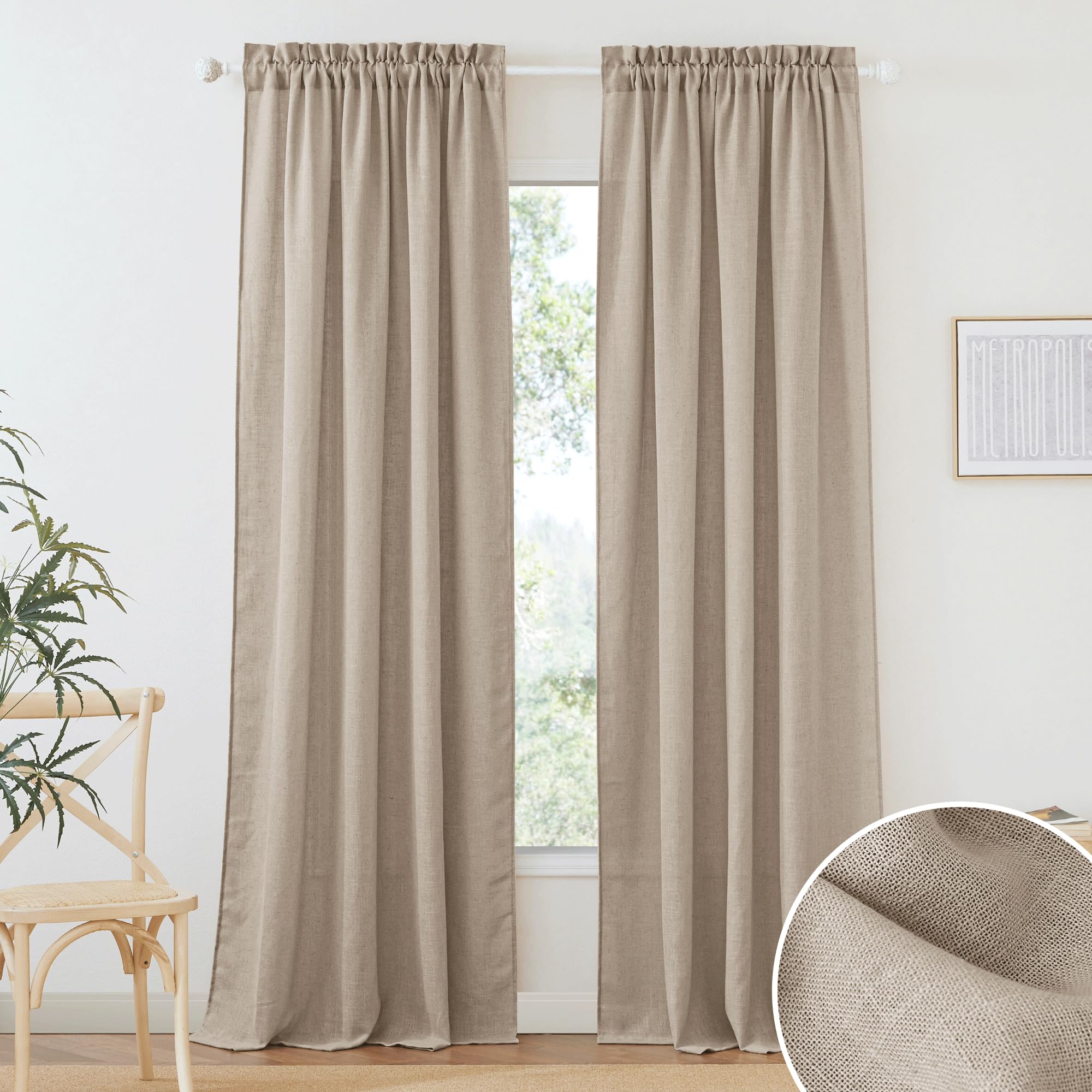 Ryb Home Khaki Linen Curtains 95 Inches, Rod Pocket Linen Blend Boho Farmhosue Elegant Light Filtering Privacy Protected Panels