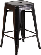 Commercial Grade 24 High Backless Black-Antique Gold Metal Indoor-Outdoor Counter Height Stool with Square Seat