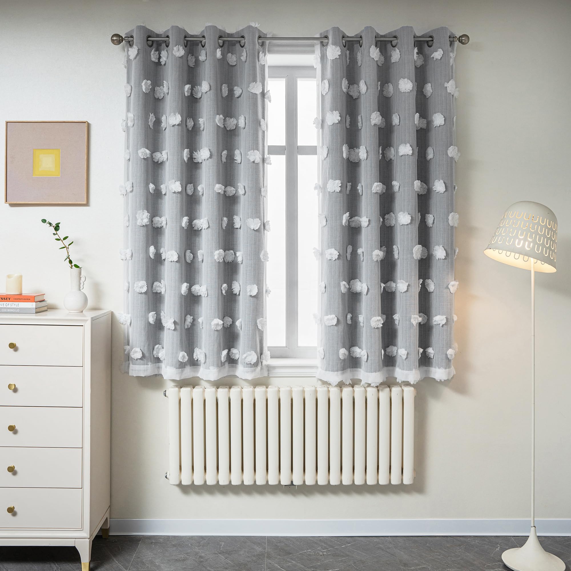 Mysky Home Grey Curtains For Bedroom 63 Inch Long Curtains For Kids Room Double Layer Nursery Curtains White Pom Pom Sheer Dinin