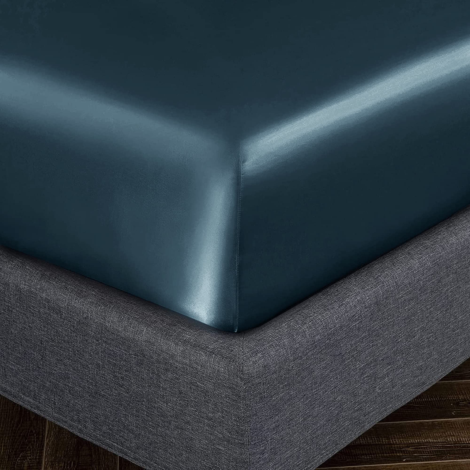 Homiest Deep Sea Blue Satin Fitted Sheet Twin Size Fitted Bed Sheet, Deep Pocket Fitted Sheet Only, Luxury & Ultra Soft Bedding Fitted Sheet Single Bottom Bed Sheets Sold Separately