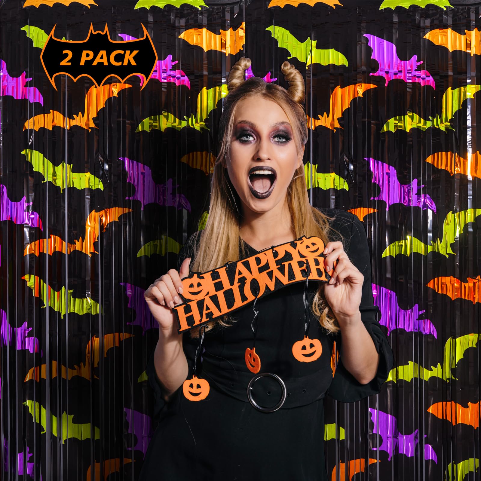 Mega-L Halloween Party Decorations 2 Pack Green Orange Purple Bat Pattern Photo Booth Props, 3.3 X 6.6 Ft Metallic Foil Fringe C