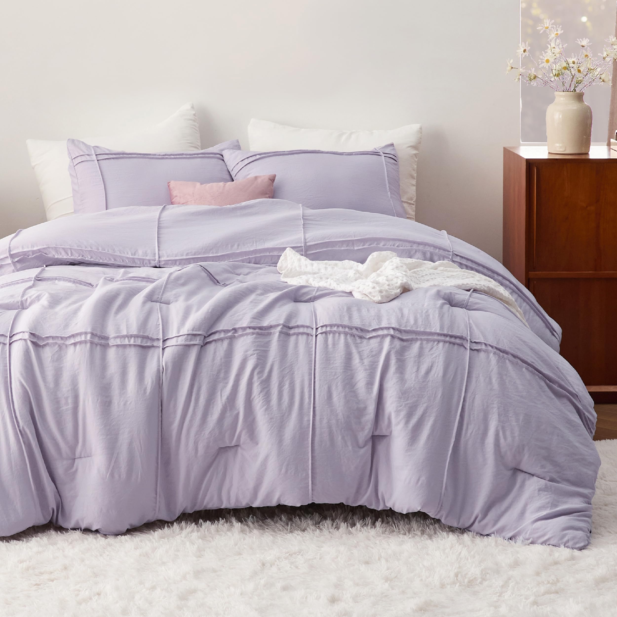 Bedsure Queen Comforter Set With Sheet - 4 Pieces Soft Light Purple Bedding Sets, Grid Pinch Pleat, All Season Lightweight Fluffy Bed Set With Solid Boho Comforter, Pillowcases & Sheet