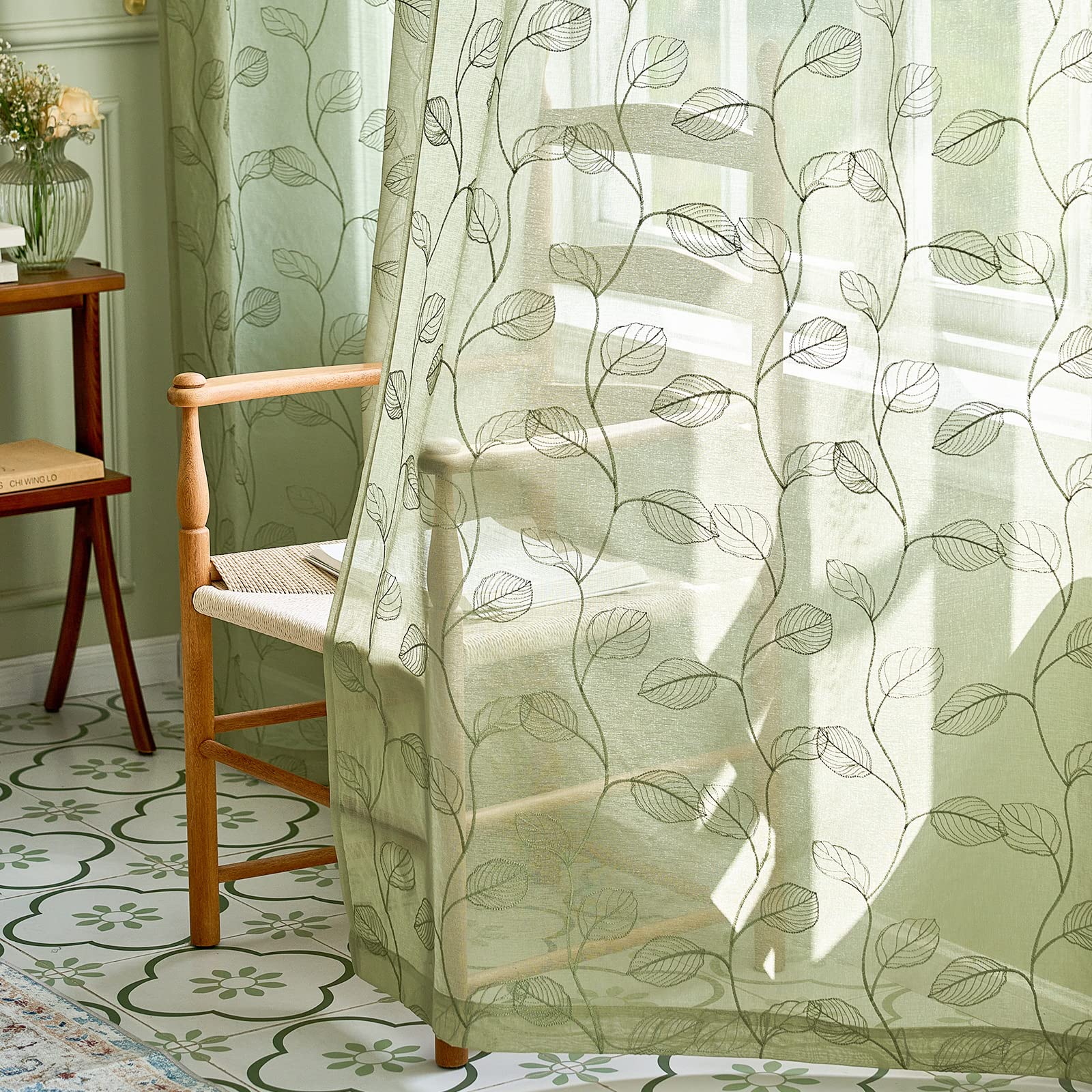 Lazzzy Sage Sheer Curtains Leaf Embroidered 54 Inchfor Living Room Bedroom Rod Pocket Kitchen Curtains Voile Window Drapes 2 Pan