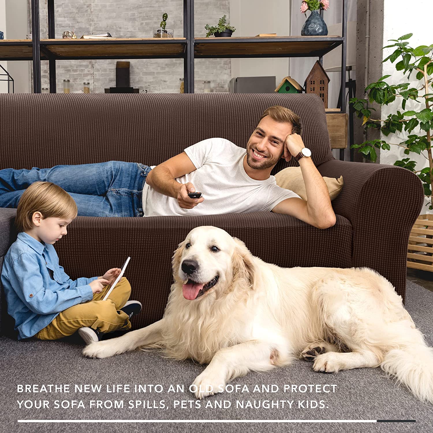 Znsayotx Stretch Oversized Couch Cover Universal Sofa Covers For Living Room Dogs Pet Furniture Protector Spandex Extra Large Sofa Slipcovers With Anti Slip Foam Sticks (Coffee, Xl Sofa)